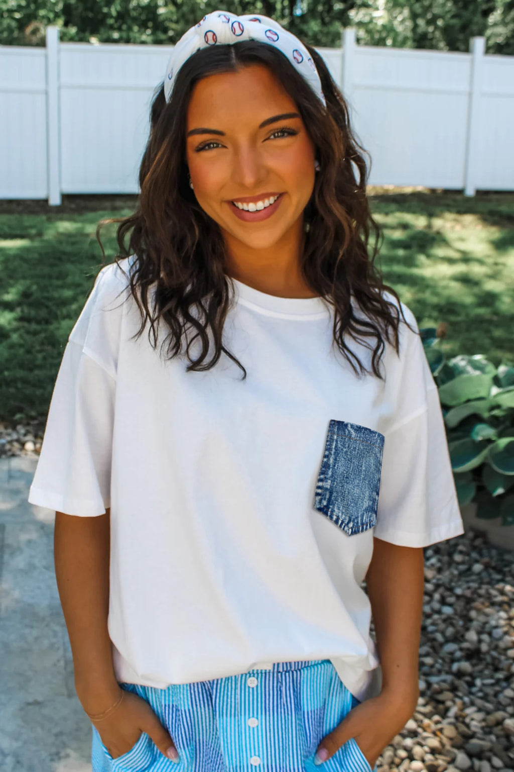 LivelyLooks Sail Blue Colour Block Chest Pocket Casual Short Sleeve Top women's fashion