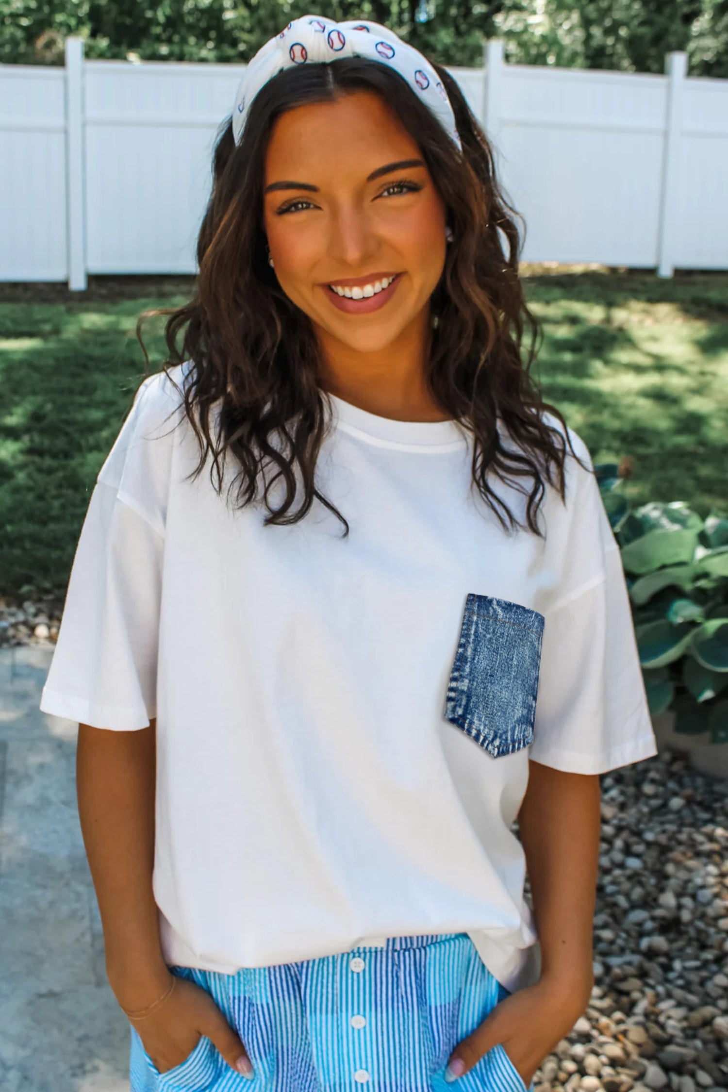 LivelyLooks Sail Blue Colour Block Chest Pocket Casual Short Sleeve Top women's fashion
