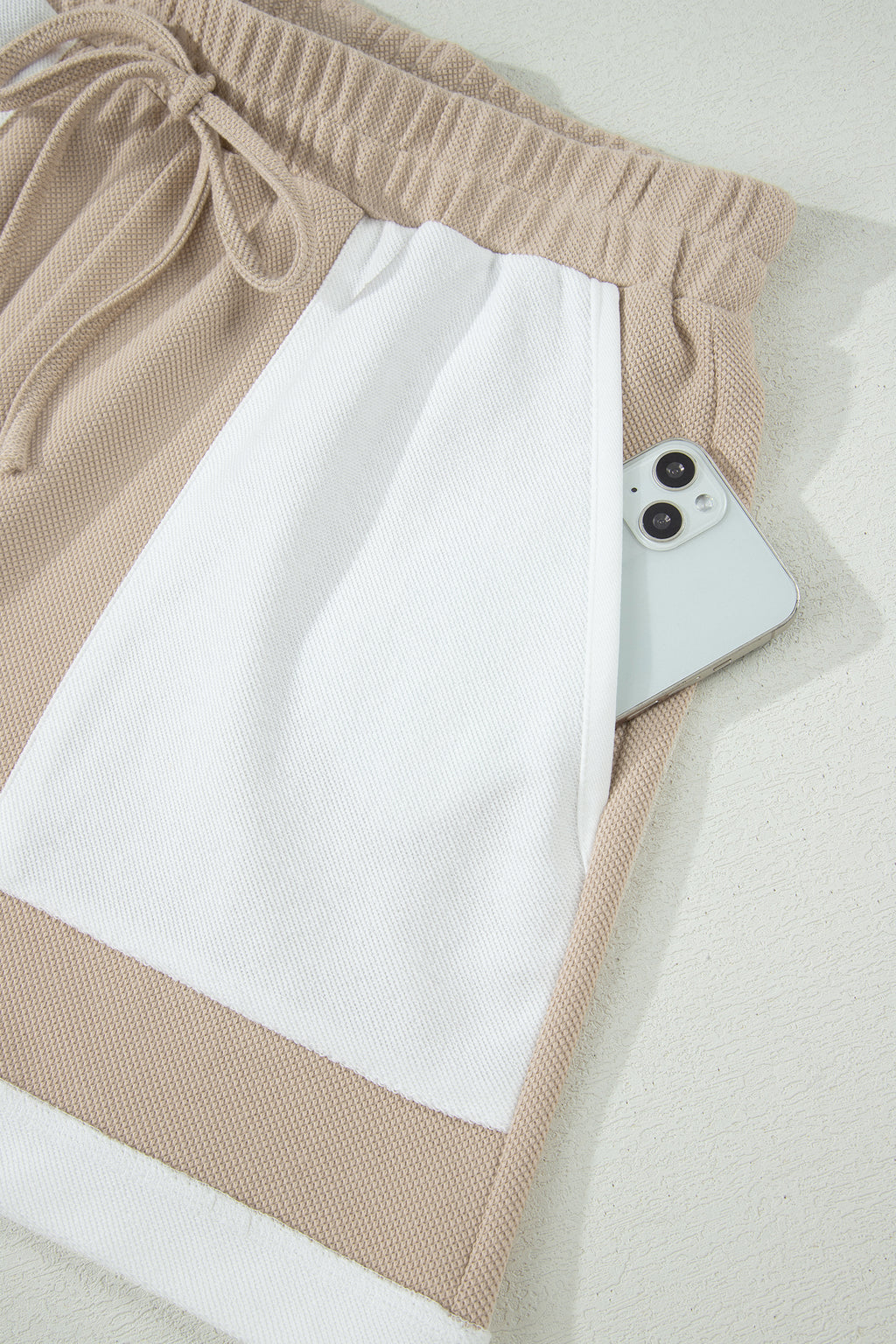 Beige Raw Edge Colour Block Oversized Tee & Drawstring Shorts Co-ord Set