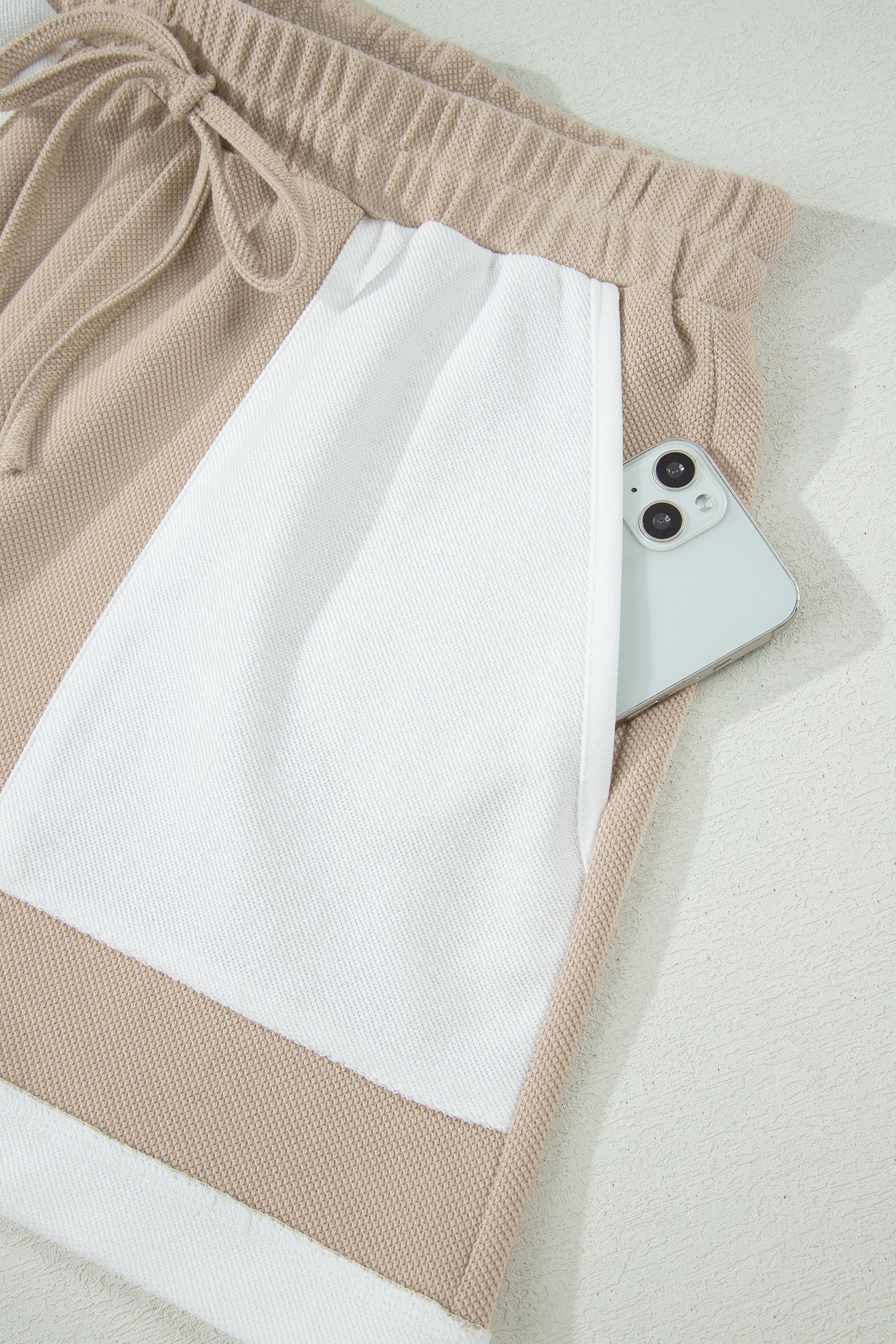 Beige Raw Edge Colour Block Oversized Tee & Drawstring Shorts Co-ord Set