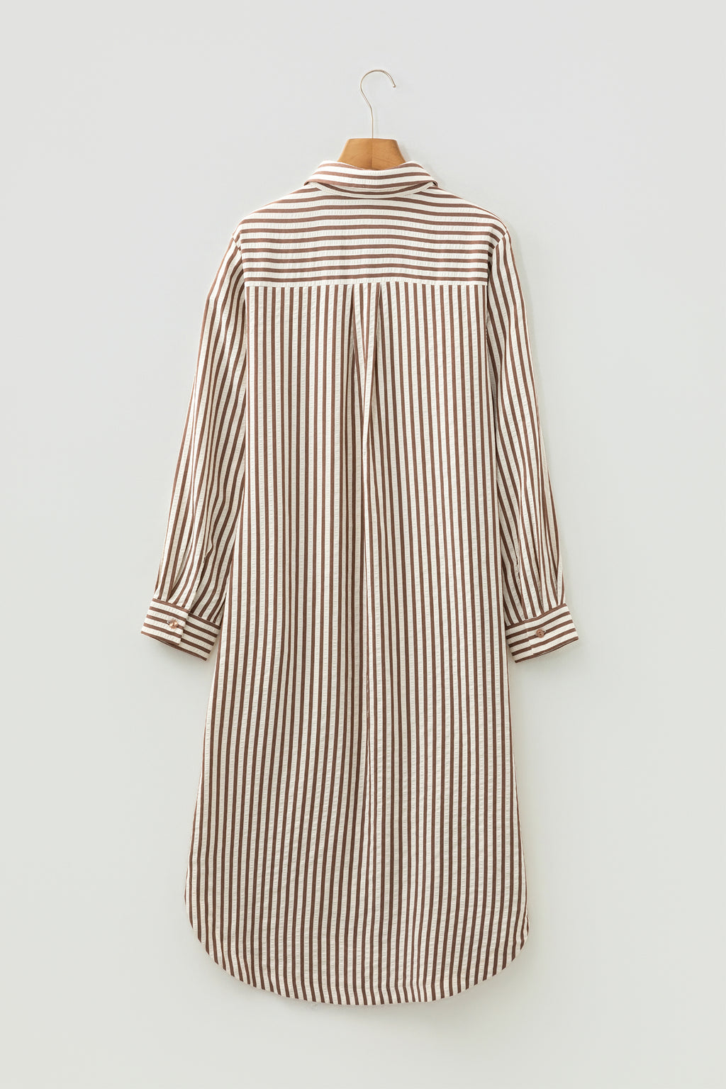 Brown Stripe Textured Midi Shirt Dress 3/4 Sleeve Round Hem Split Women S-XL