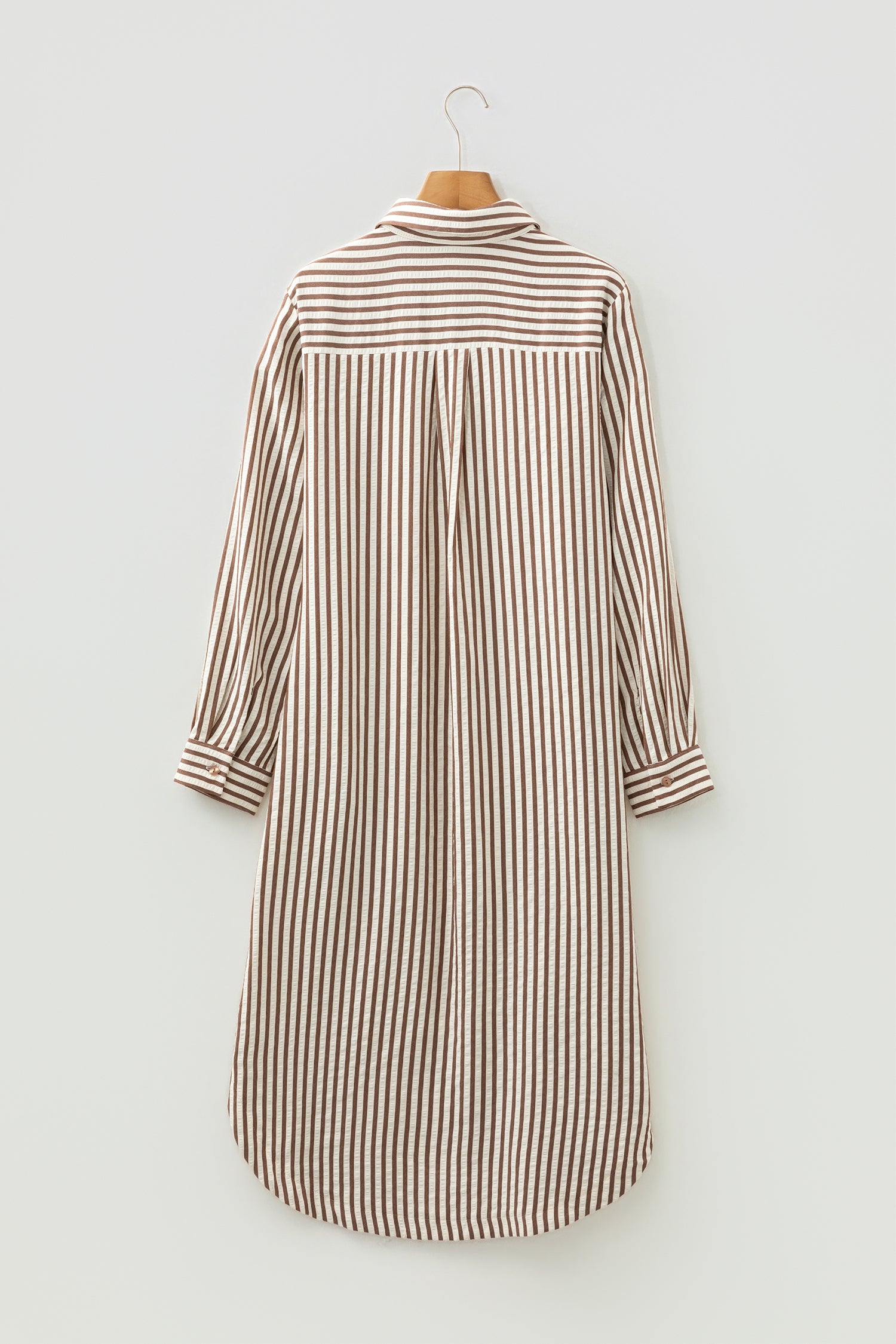 Brown Stripe Textured Midi Shirt Dress 3/4 Sleeve Round Hem Split Women S-XL