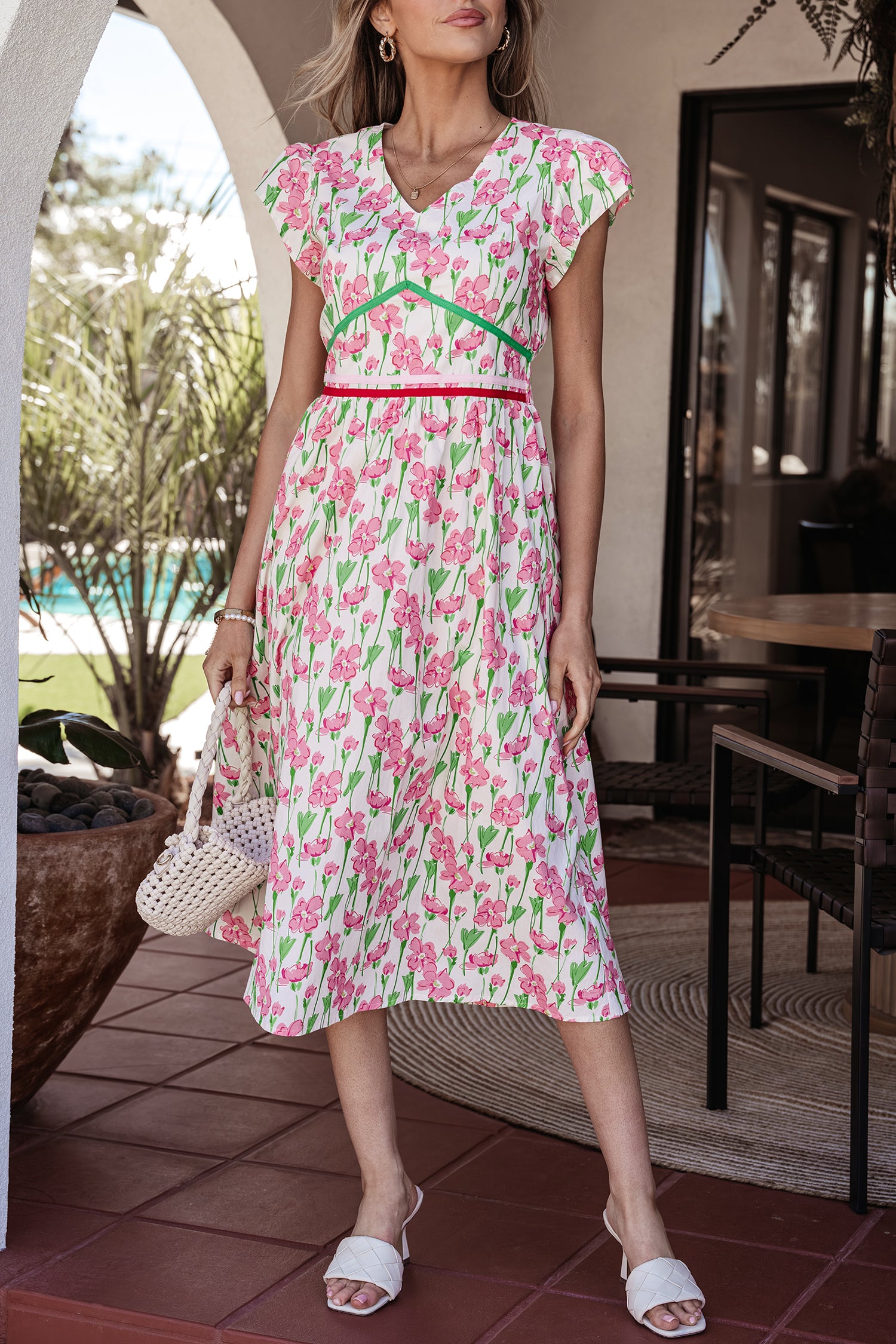 LivelyLooks Pink Floral Contrast Trim V-Neck Short Sleeve Elegant Midi Dress women's fashion