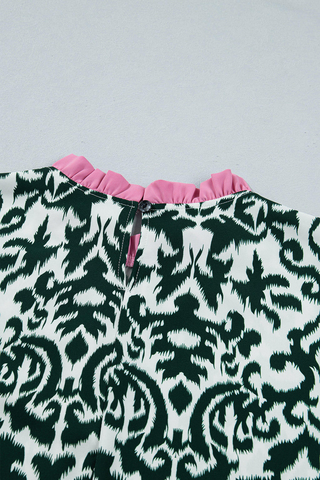 Women's Green Damask Print Ruffled Color Block Detail Half Sleeve Blouse at LivelyLooks