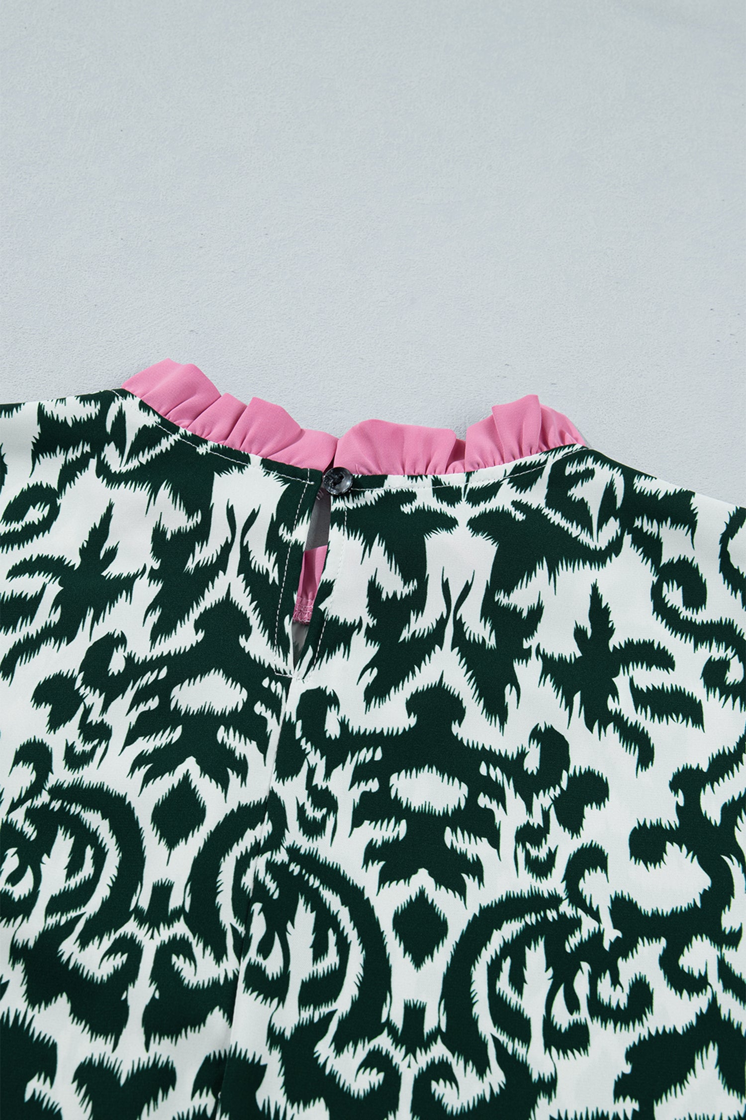Women's Green Damask Print Ruffled Color Block Detail Half Sleeve Blouse at LivelyLooks