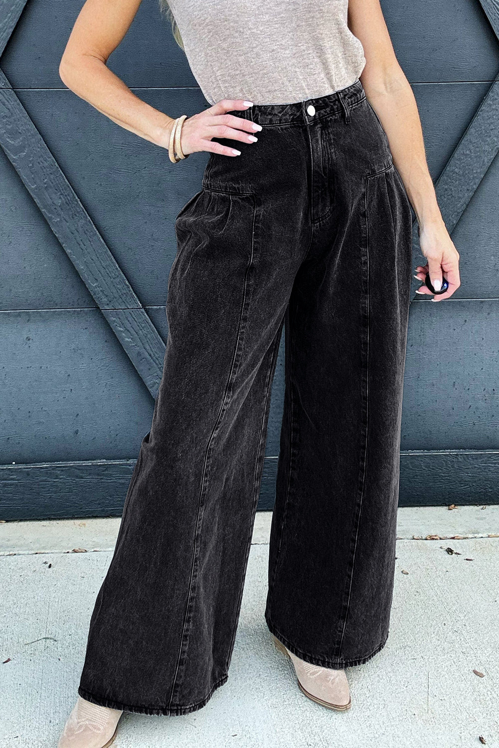 Dark Grey Pleated Wide Leg Mineral Wash Denim Pants | UK 8–18