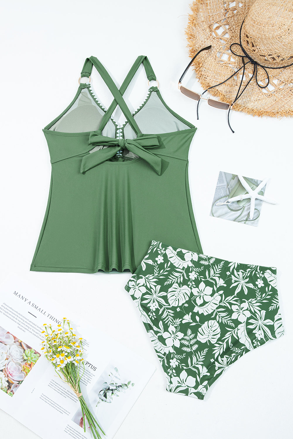 Four Leaf Clover V Neck Tankini & Contrast Print Swim Shorts Set | UK 8–26