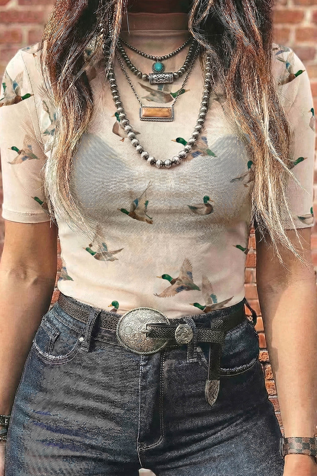 Beige Mallard Print Sheer Mesh Top Short Sleeve Women S-XL