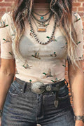 Beige Mallard Print Sheer Mesh Top Short Sleeve Women S-XL
