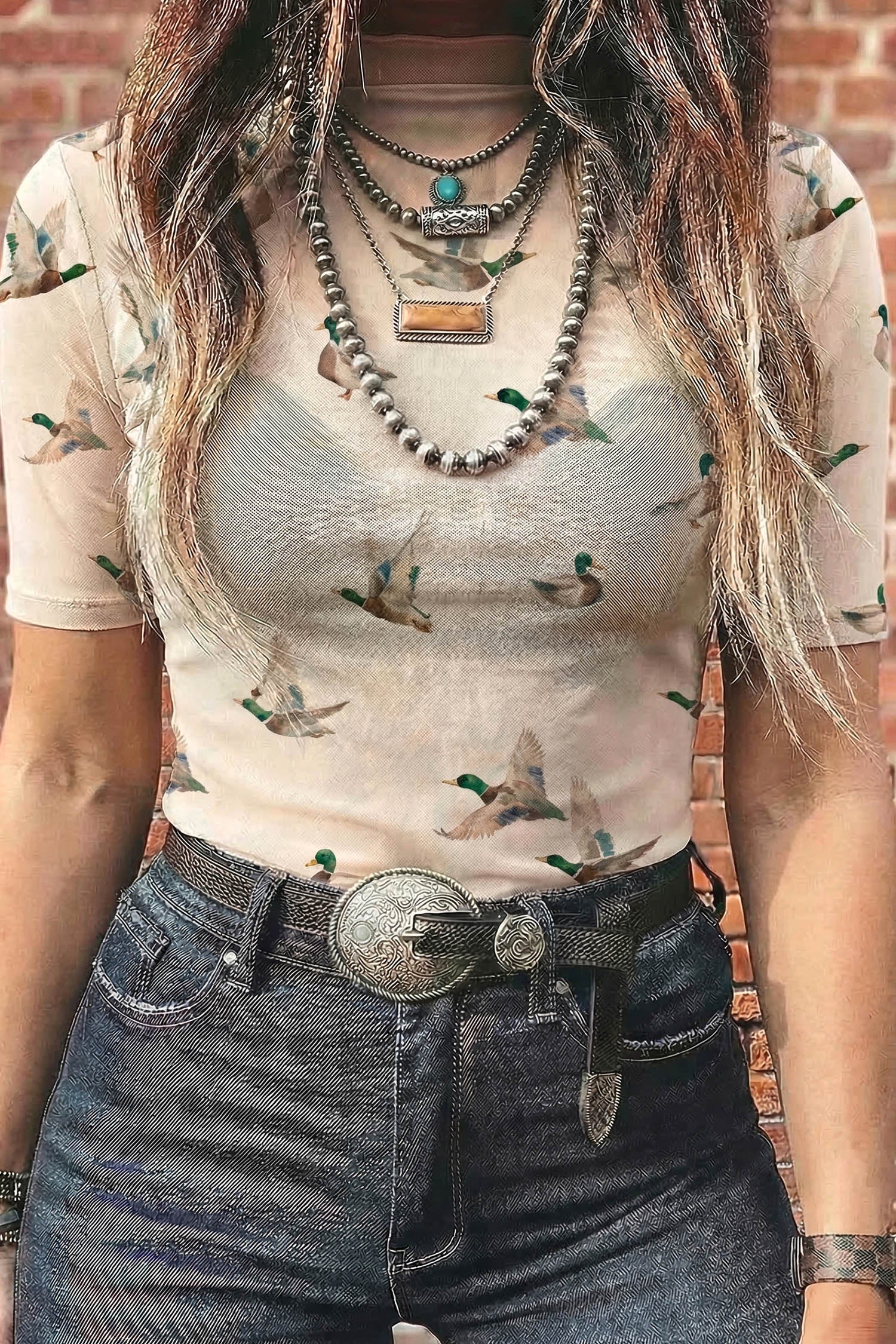 Beige Mallard Print Sheer Mesh Top Short Sleeve Women S-XL