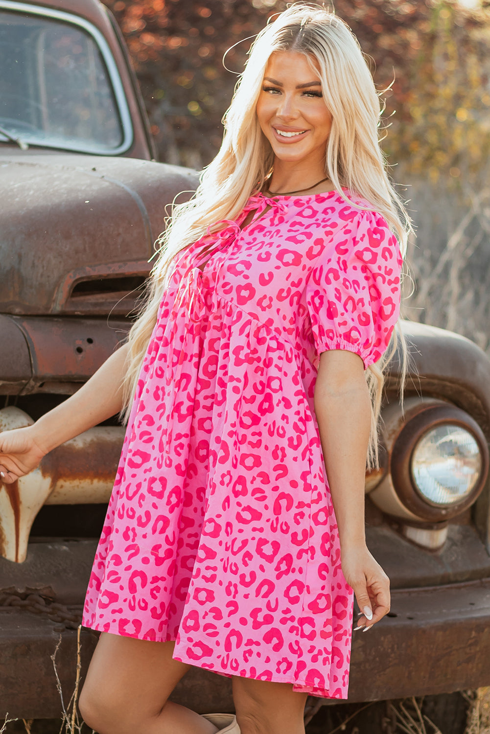Women's Rose Leopard Puff Sleeve Tie Front High Waist Mini Dress at LivelyLooks