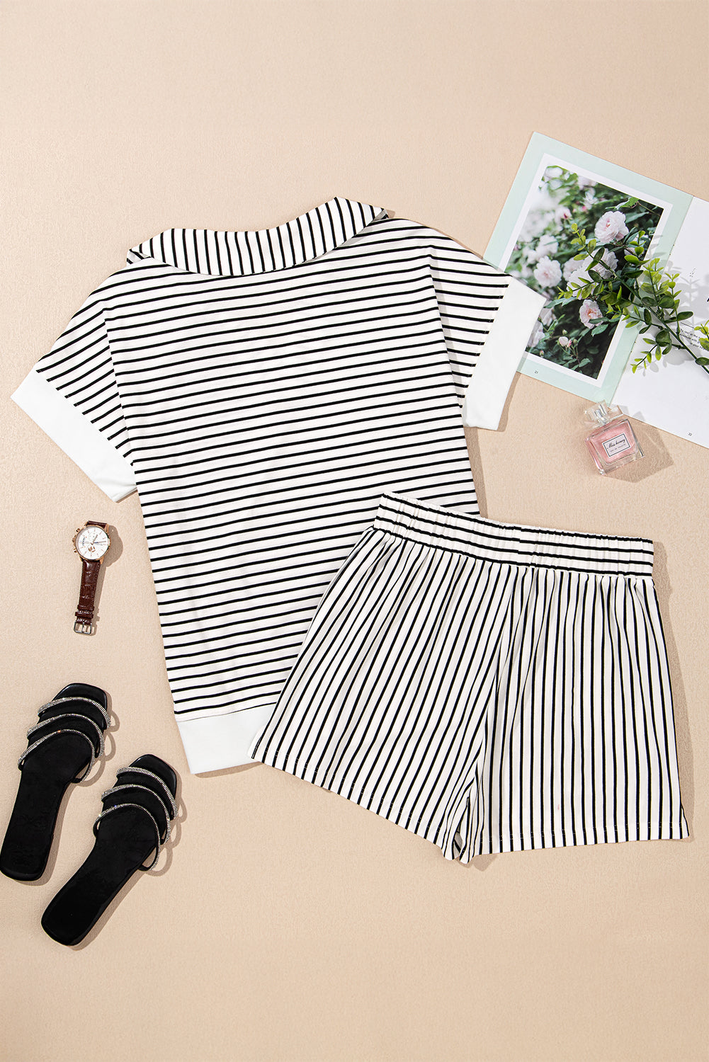 Black Stripe V-Neck Tee & Shorts Co-ord Set | 2-Piece