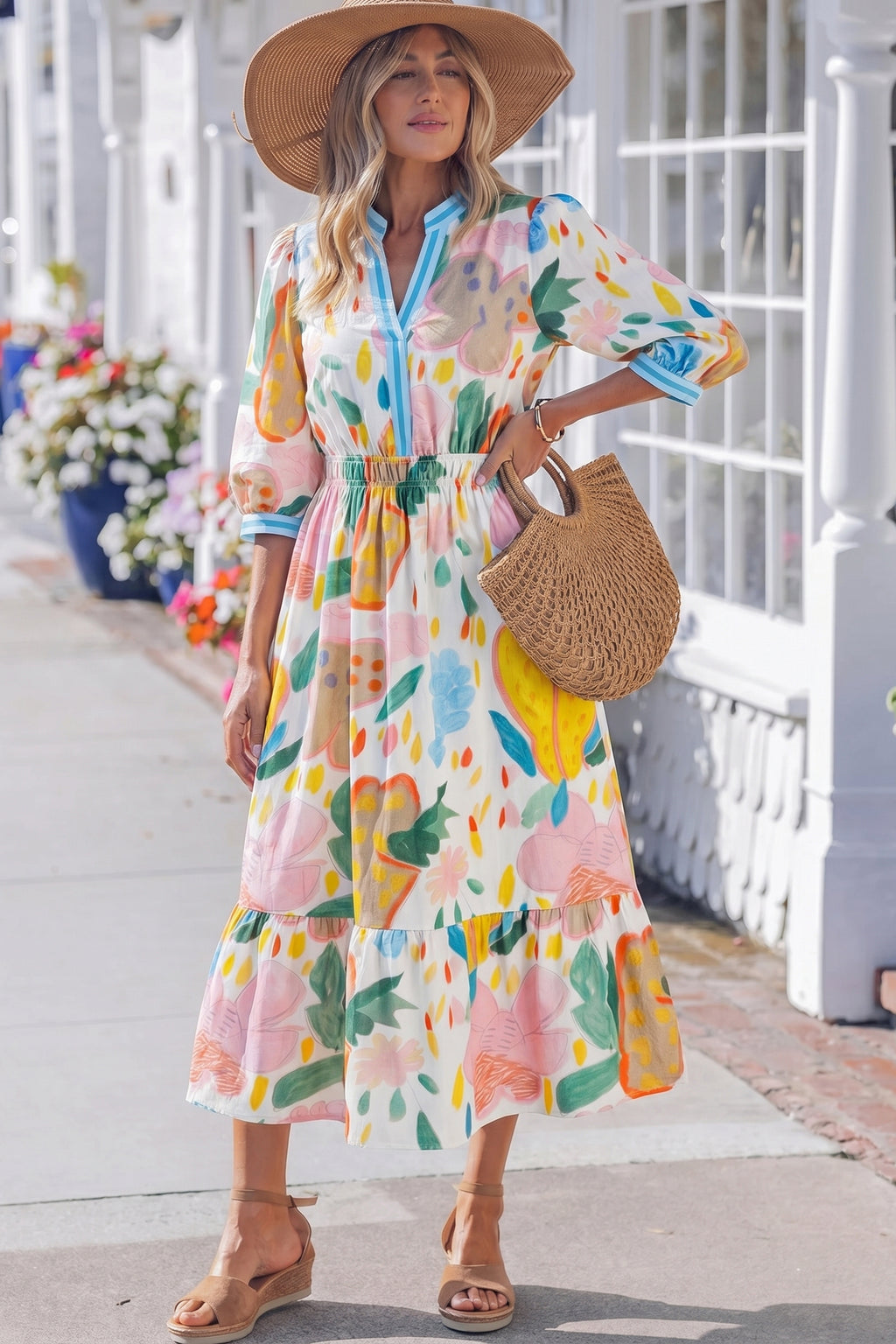 Multicolour Floral Doodle Print Striped Trim V Neck Midi Dress S-XL