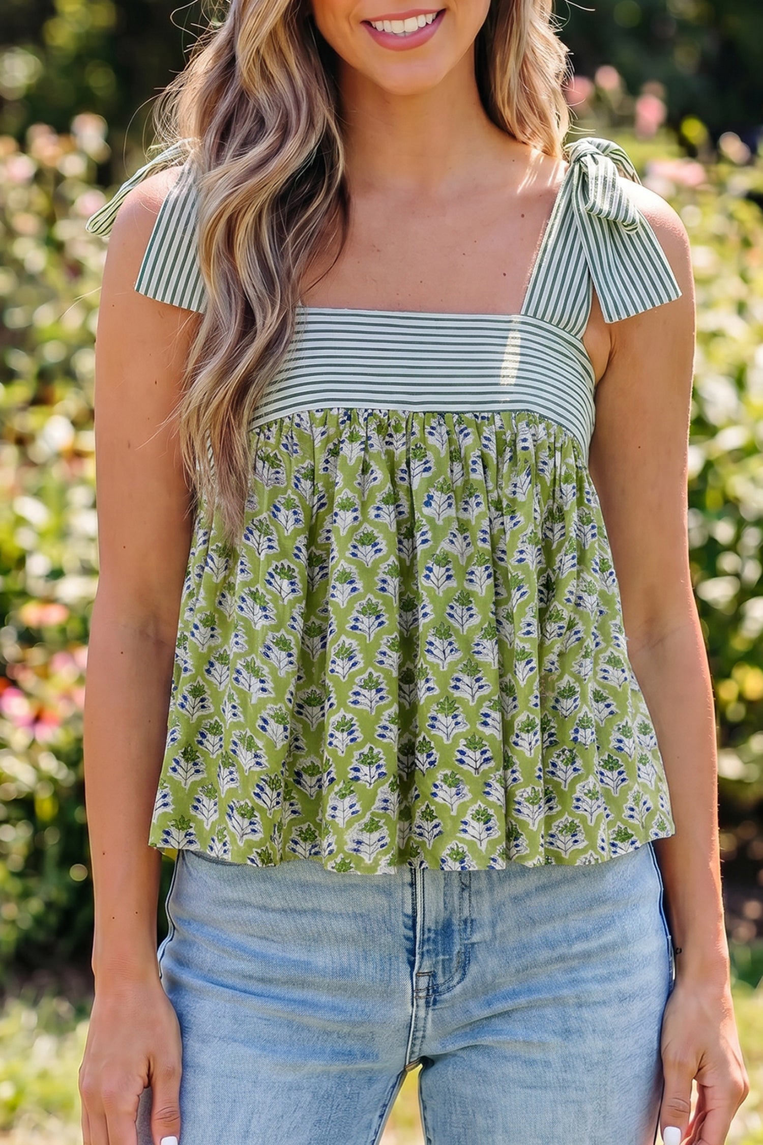 Print Knot Strap Babydoll Tank Top