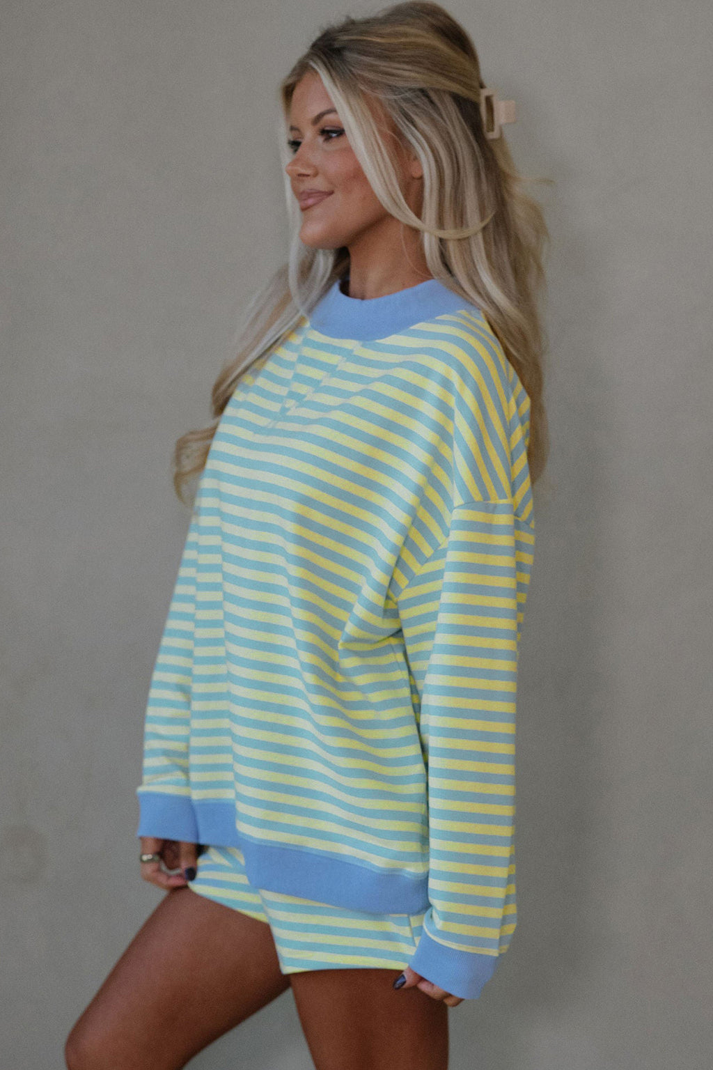 Stripe Colour Block Long Sleeve Pullover & Shorts Set | Pink, Yellow & Green Stripe