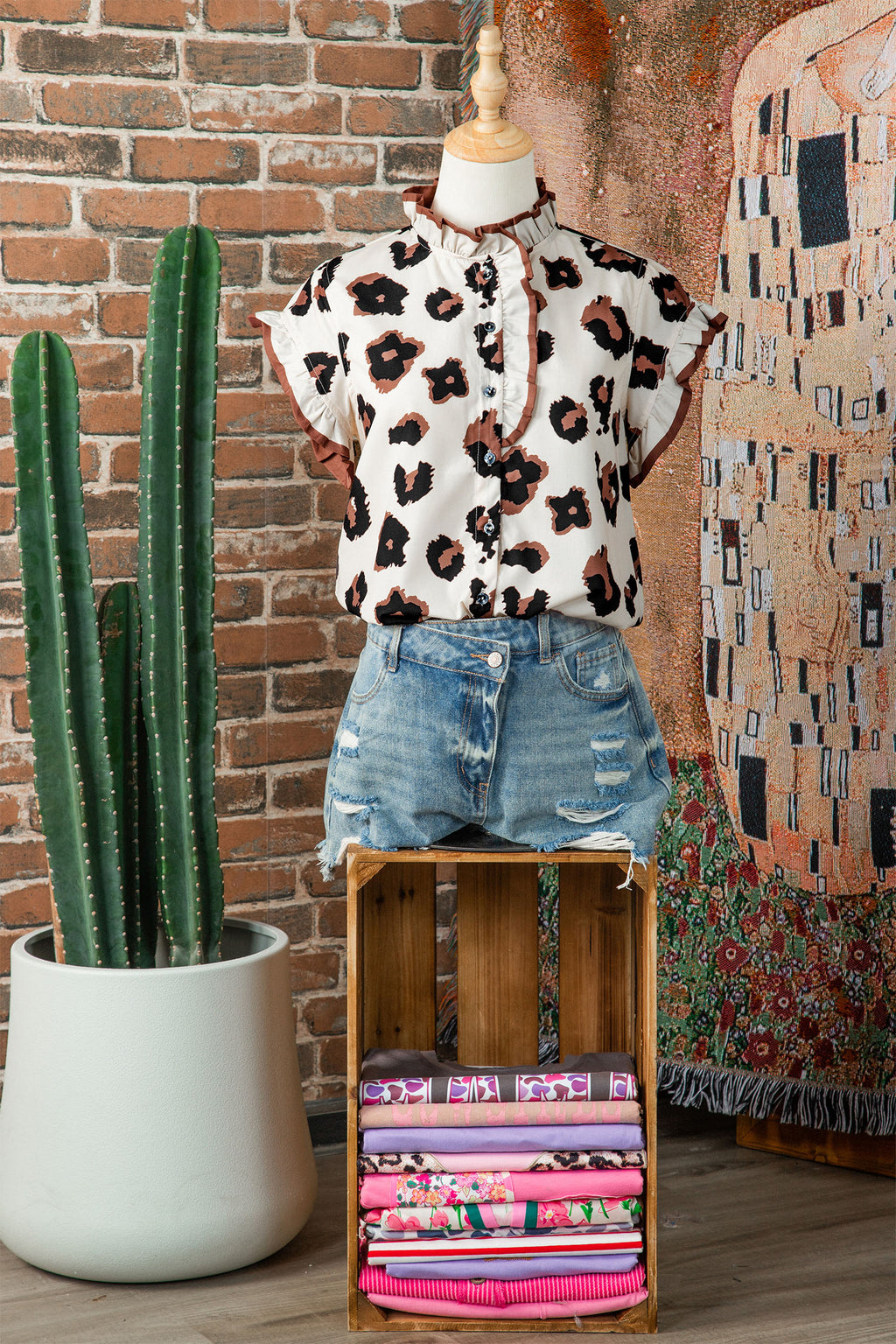 Khaki Leopard Printed Ruffle Sleeve Summer Blouse Animal Pattern Holiday Top
