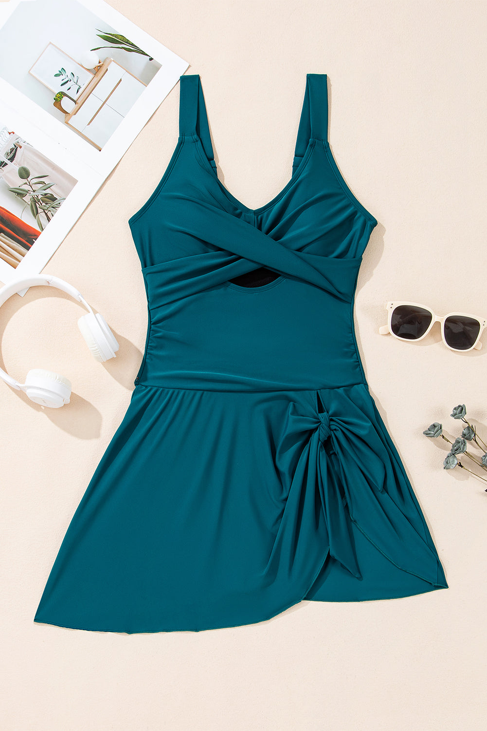 LivelyLooks Black Cutout Ruched Knot Slit One Piece Swim Dress S-2XL women's fashion