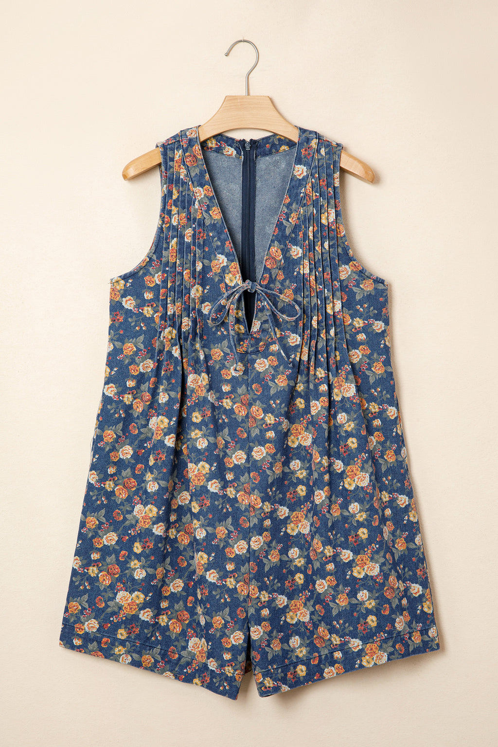 Shop Blue Retro Floral Print Bow Tie V-Neck Pleated Denim Romper at LivelyLooks
