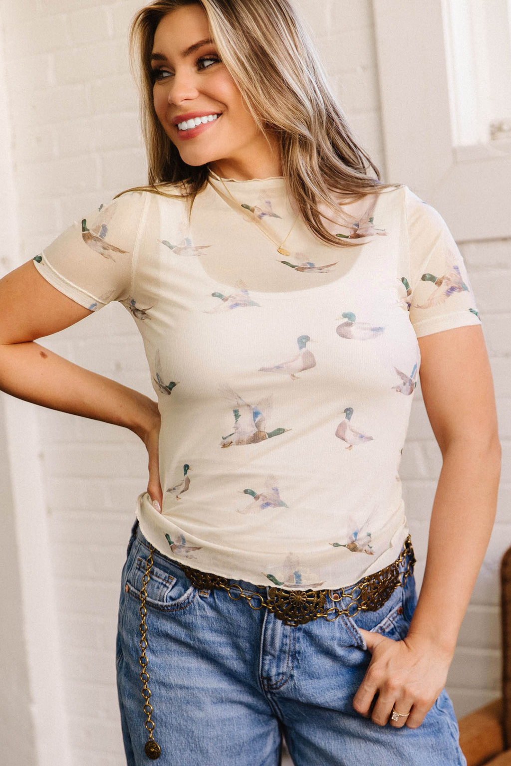 Beige Mallard Print Sheer Mesh Top Short Sleeve Women S-XL
