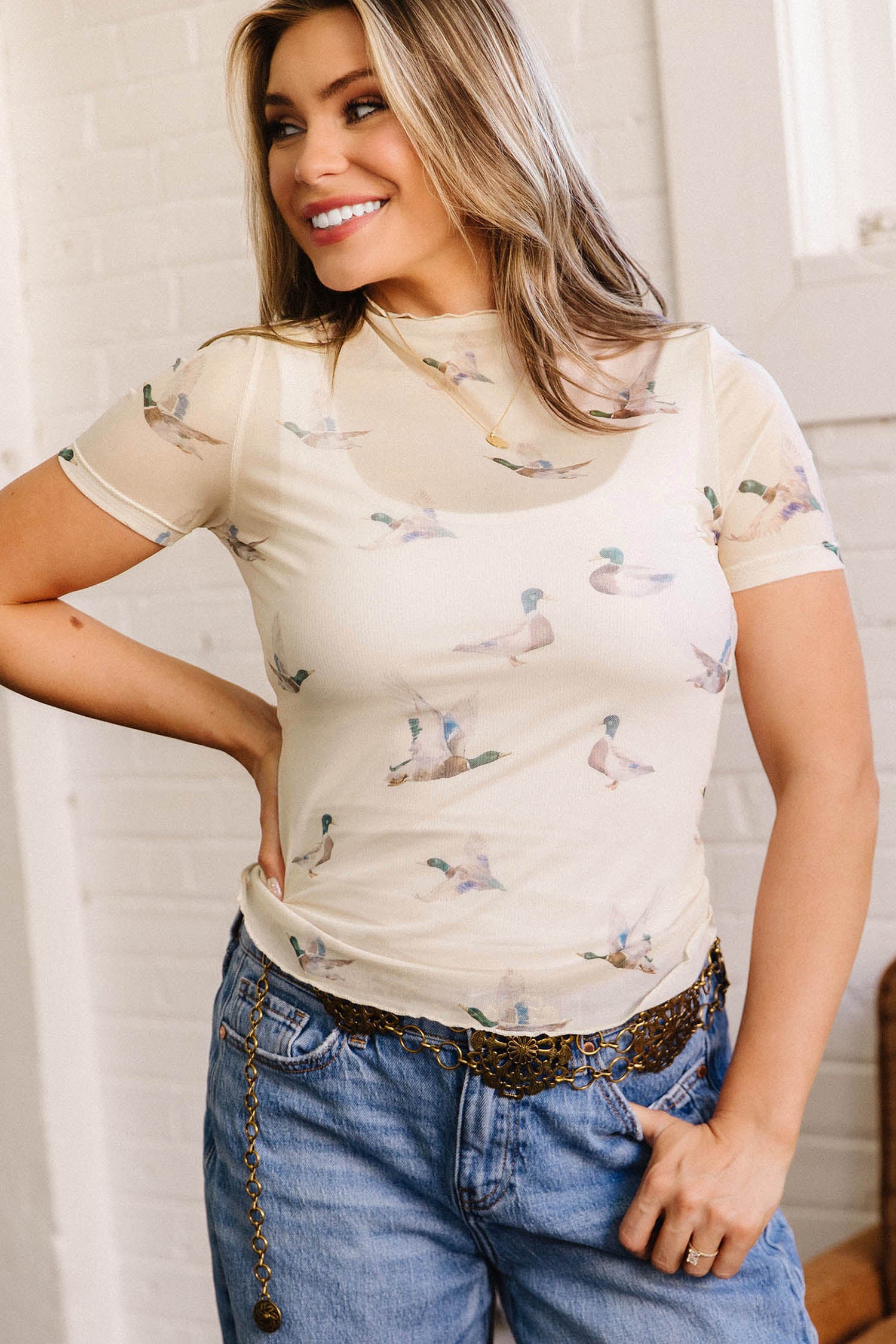 Beige Mallard Print Sheer Mesh Top Short Sleeve Women S-XL