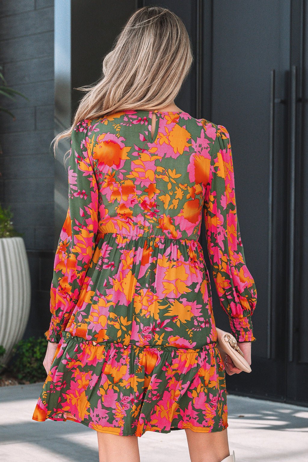 Multicolour Floral Print Long Sleeve Smocked Ruffled Mini Dress | UK 8–22