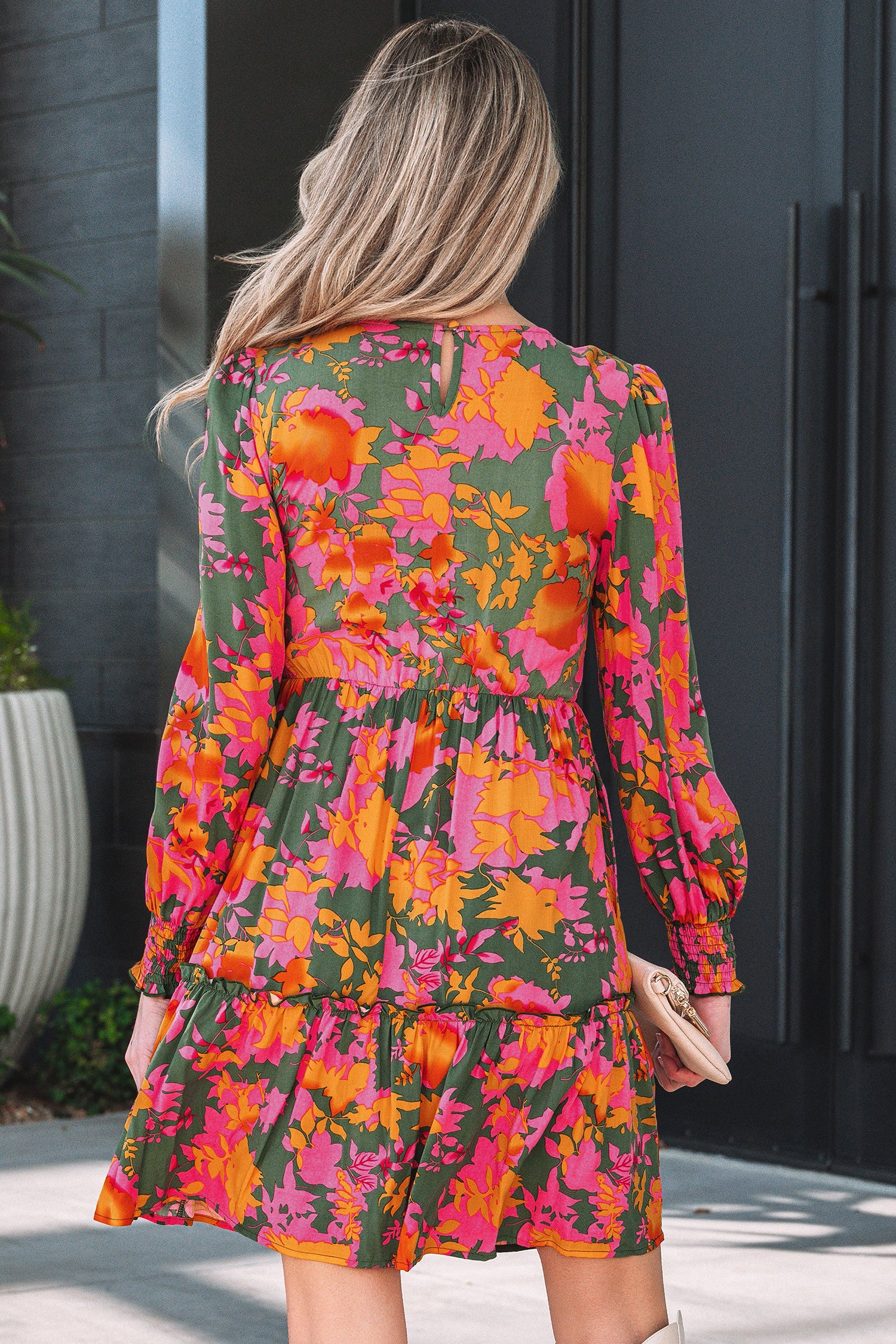 Multicolour Floral Print Long Sleeve Smocked Ruffled Mini Dress | UK 8–22