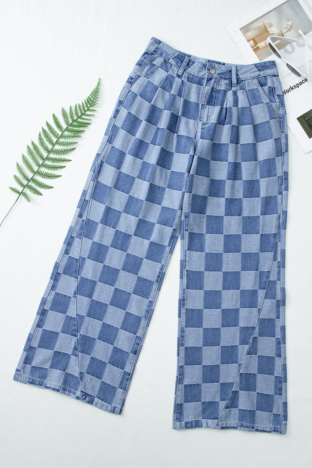 Shop Checkered Denim Wide Leg Jeans UK 8-20 at LivelyLooks