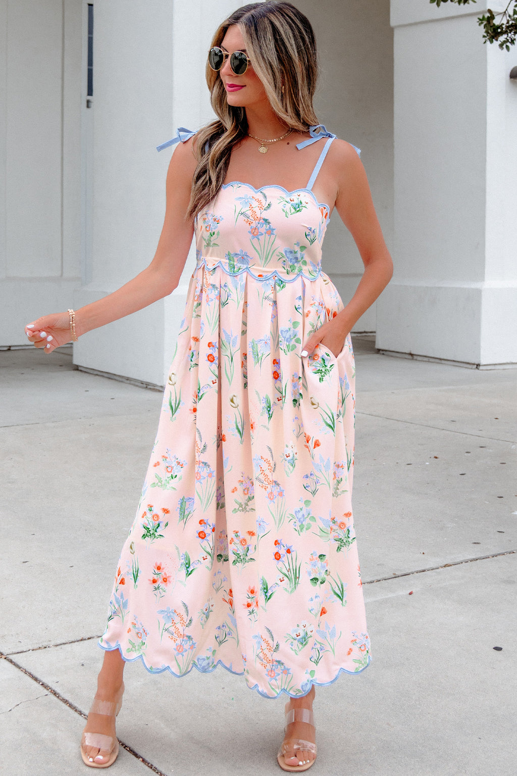 Floral Midi Dress Contrast Trim Self-Tie Straps High Waist Beige Pink Yellow