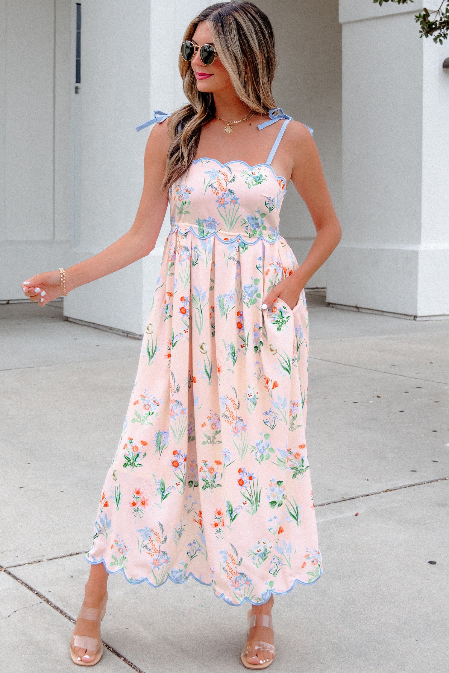 Floral Midi Dress Contrast Trim Self-Tie Straps High Waist Beige Pink Yellow