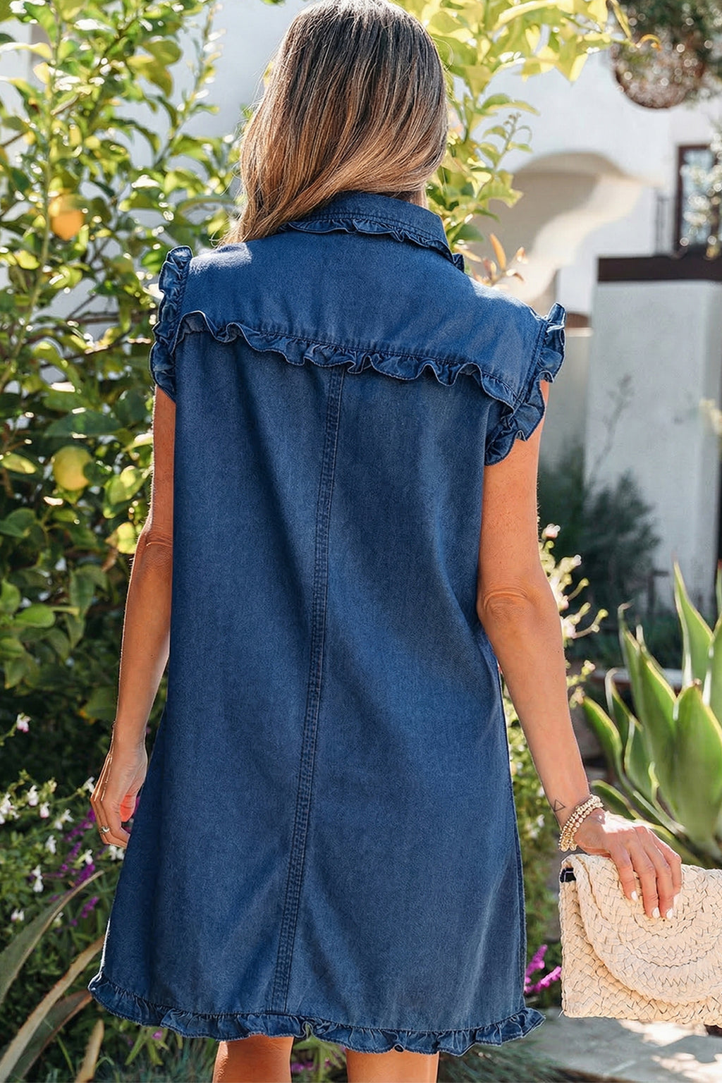Women's Sail Blue Ruffled Collar Shift Denim Dress with Pockets at LivelyLooks
