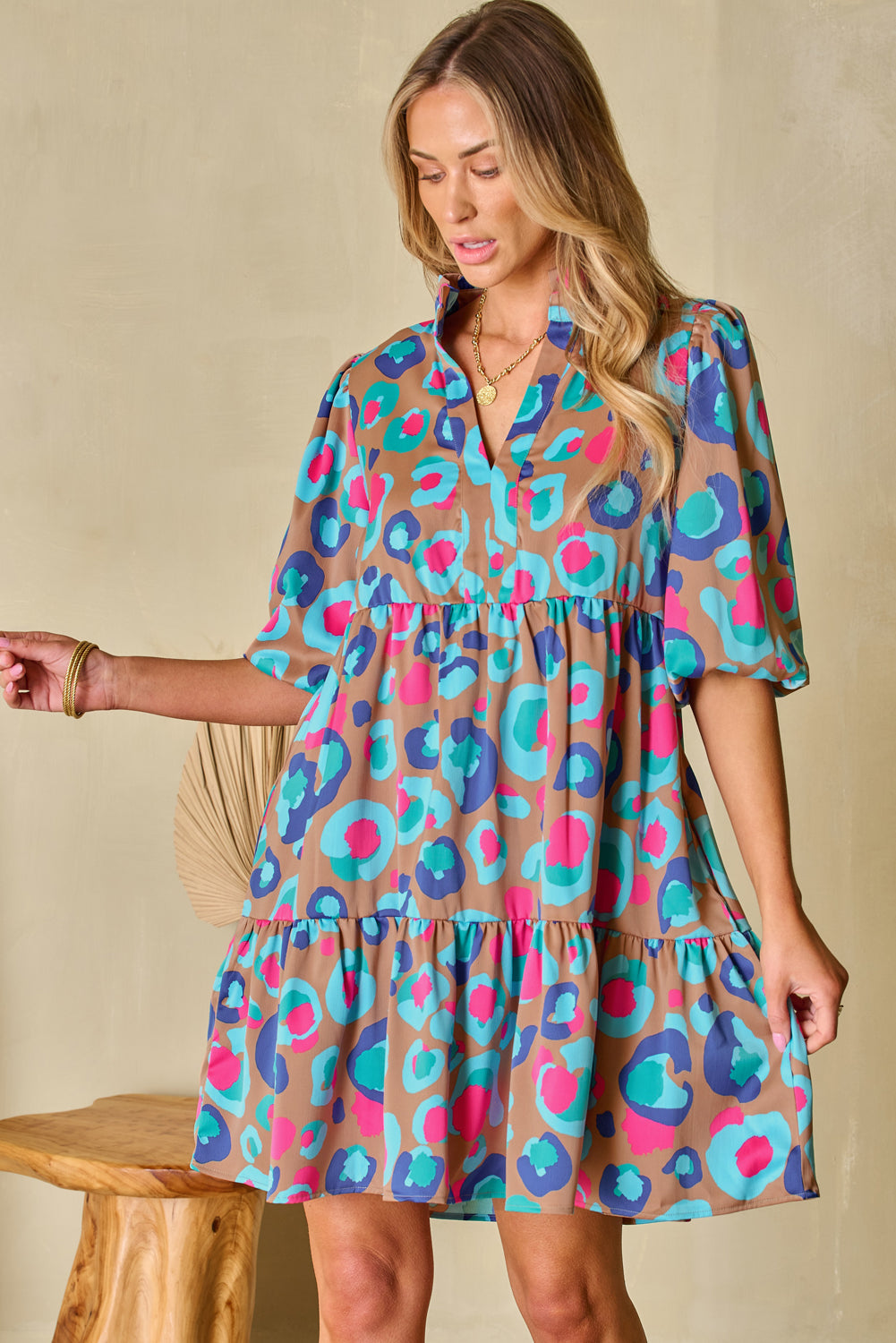 Women's Green Leopard Print Bubble Sleeve Slit Neck Ruffled Mini Dress at LivelyLooks