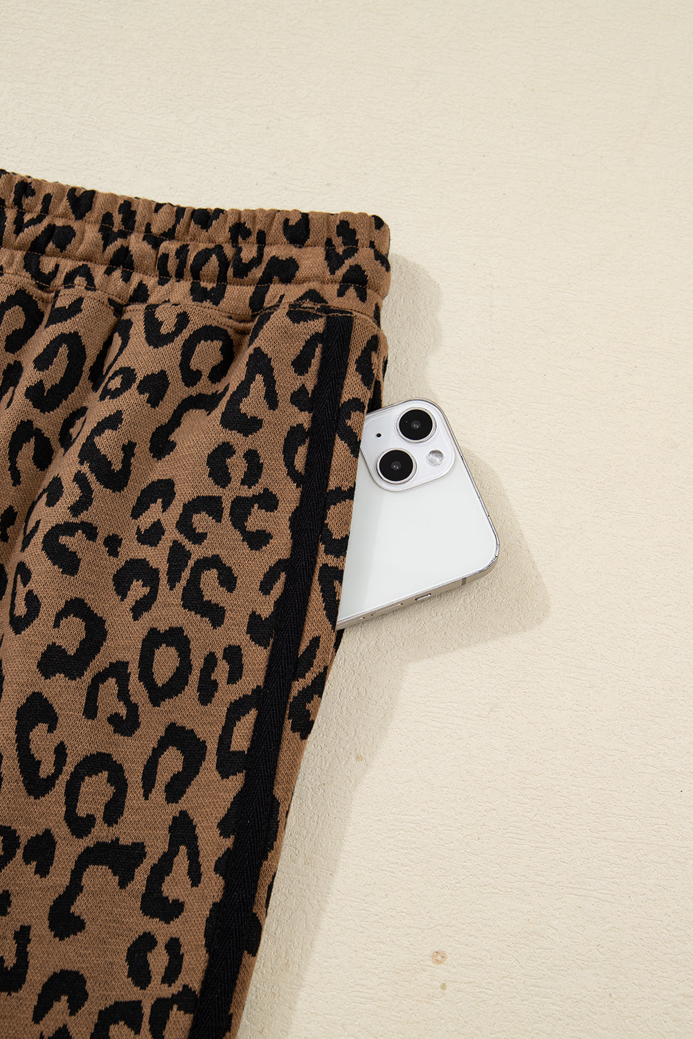 Brown Varsity Stripe Leopard Print Long Sleeve Top & Drawstring Trouser Set