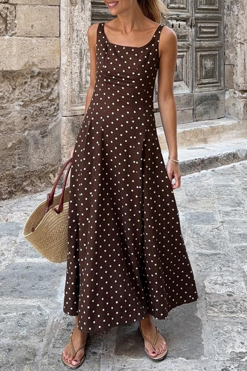 Brown Polka Dot Maxi Dress Square Neck Sleeveless Vacation Women S-XL