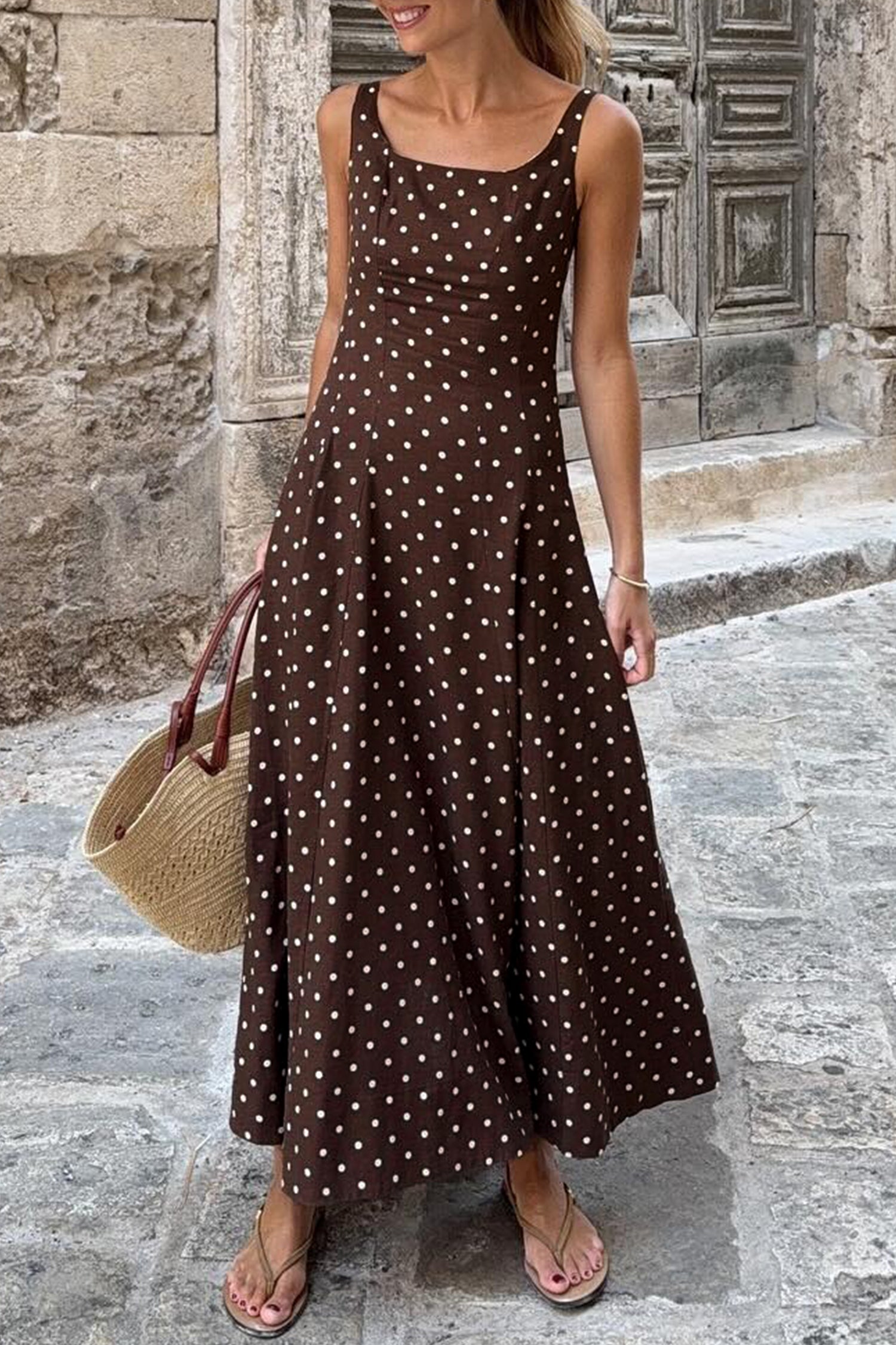 Brown Polka Dot Maxi Dress Square Neck Sleeveless Vacation Women S-XL