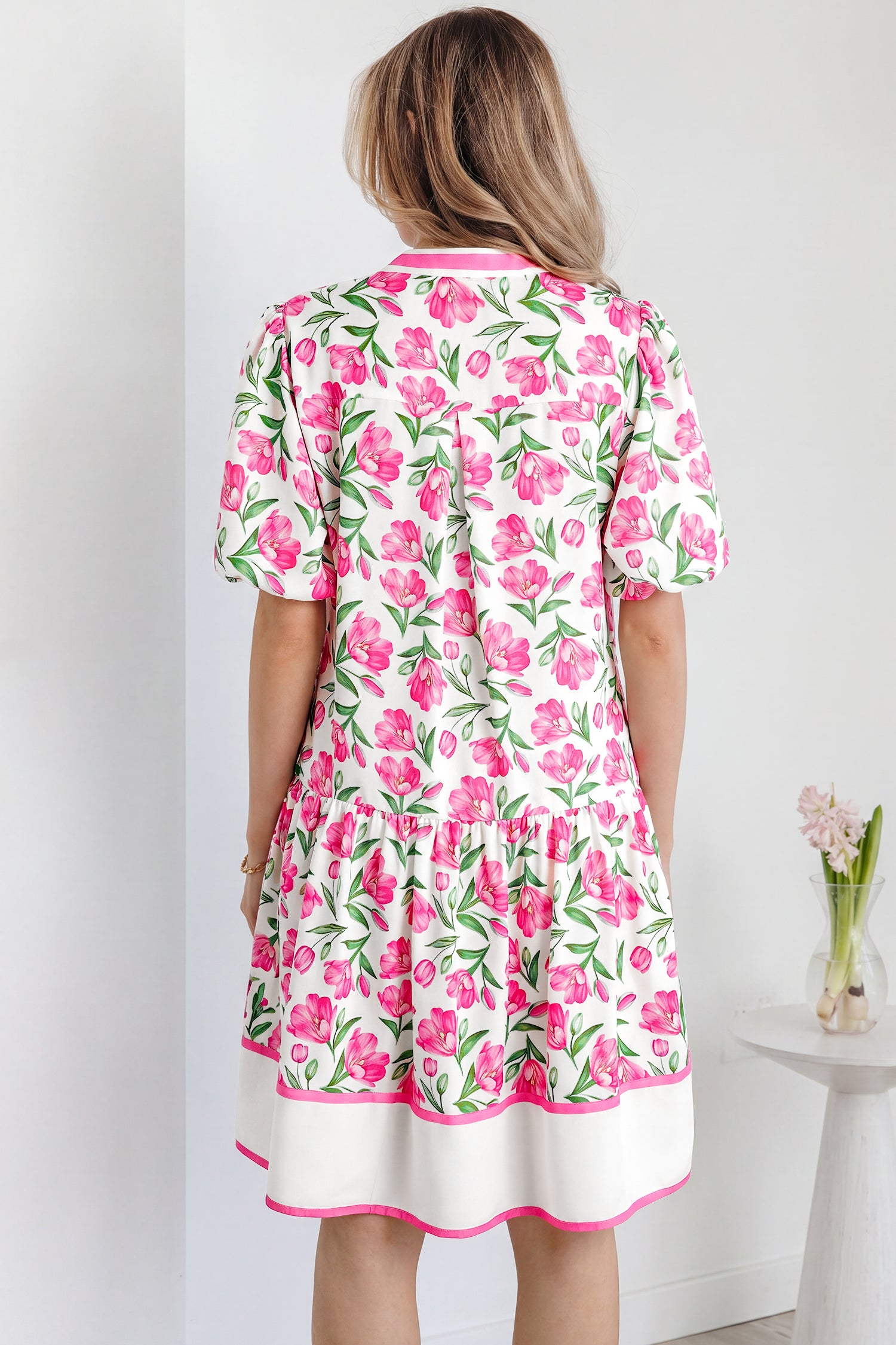 Multicolour Sweet Floral Striped Colourblock Trim V-Neck Mini Dress