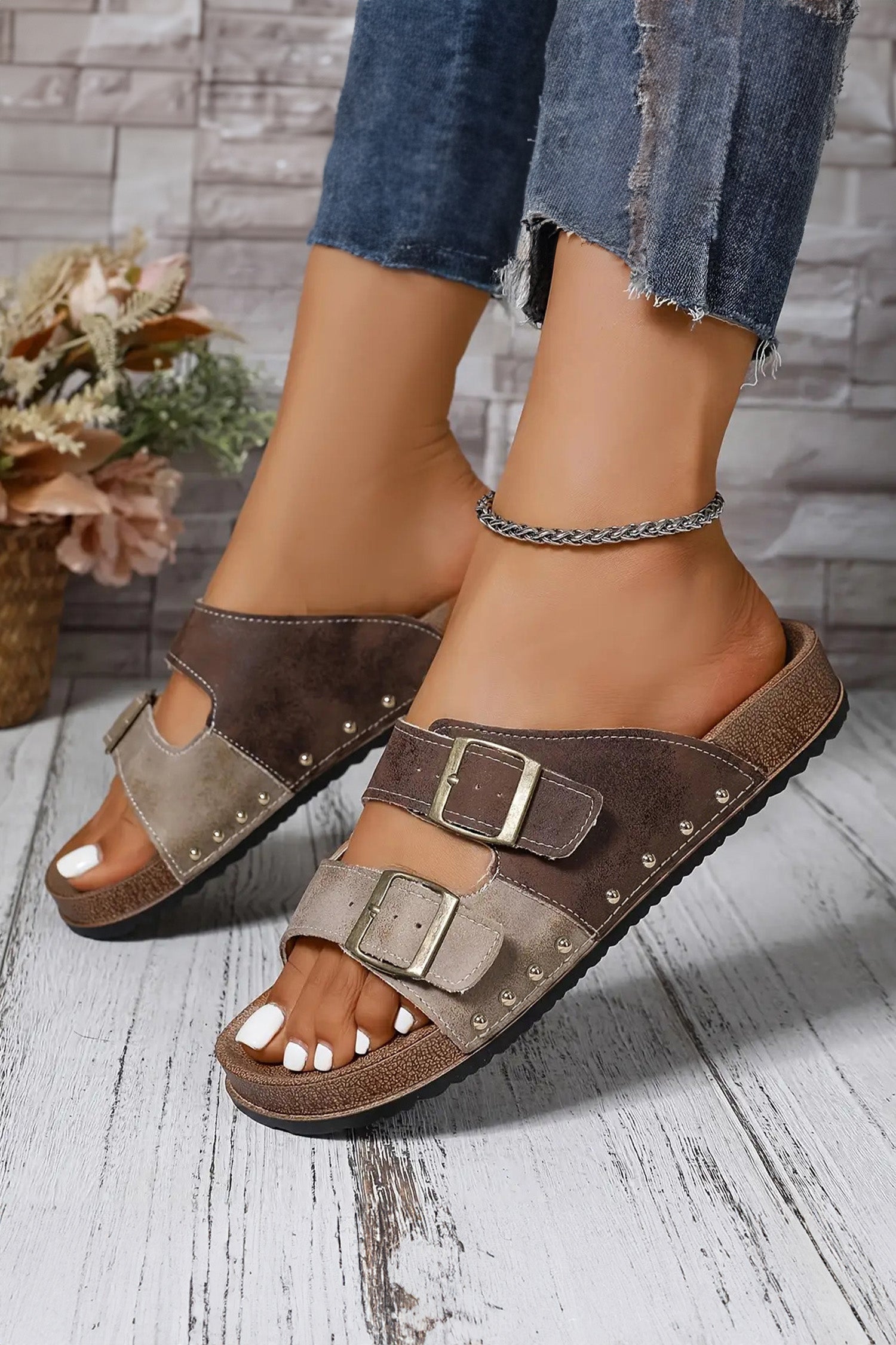 Women's Women's Coffee Leopard Two-Tone Retro Buckle Strap Hollowed Faux Suede Sandals EU 37-42 at LivelyLooks