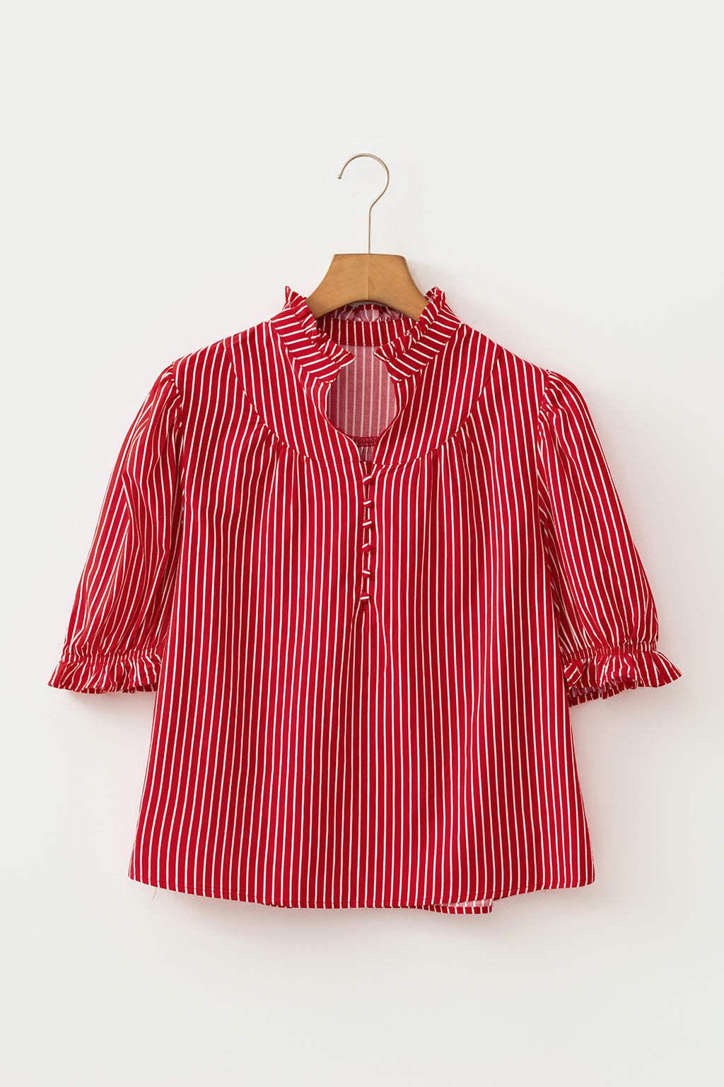 Red Stripe Ruffled Blouse Short Puff Sleeve Button Front Gathered Collar S-XL