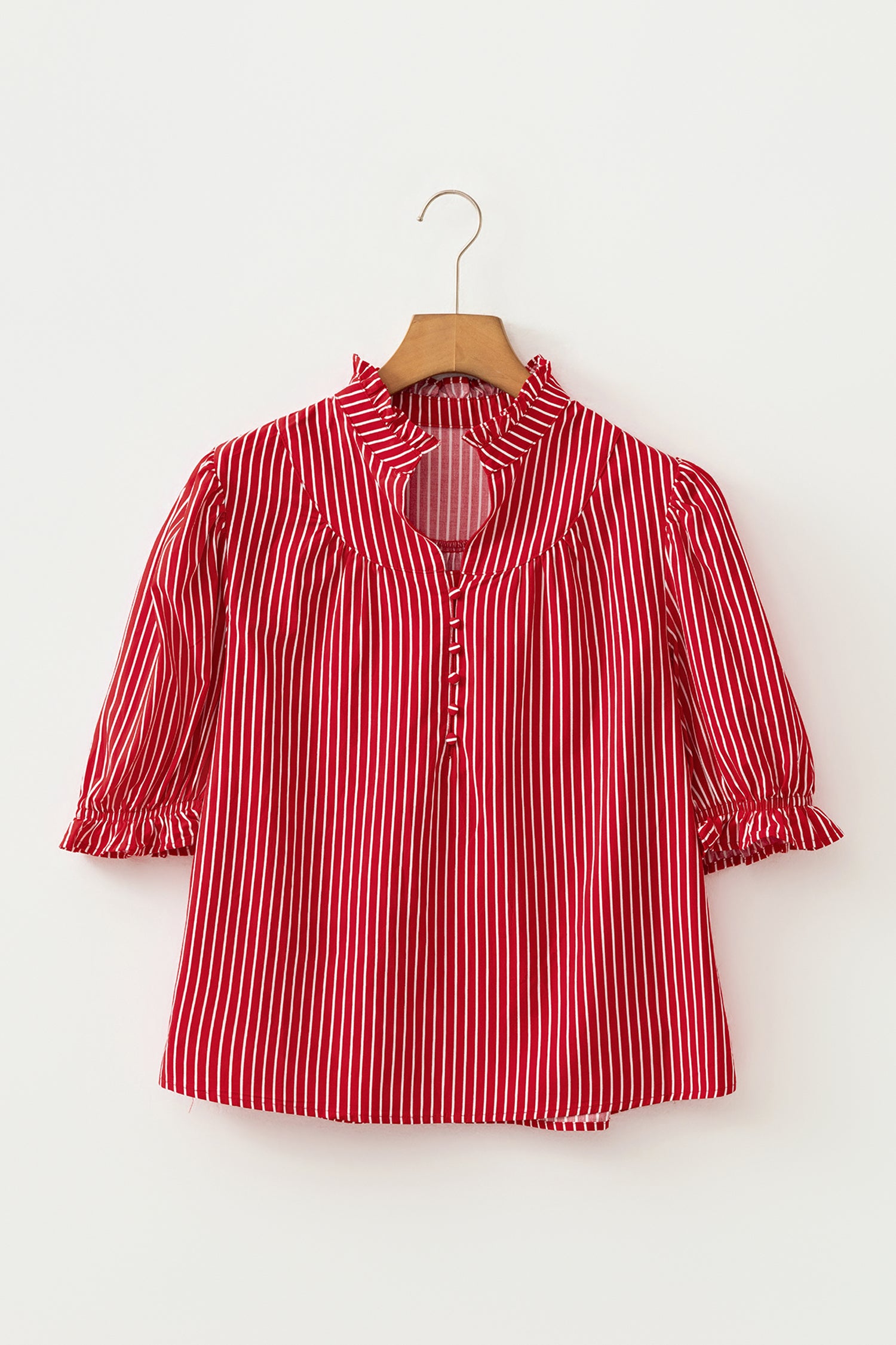 Red Stripe Ruffled Blouse Short Puff Sleeve Button Front Gathered Collar S-XL