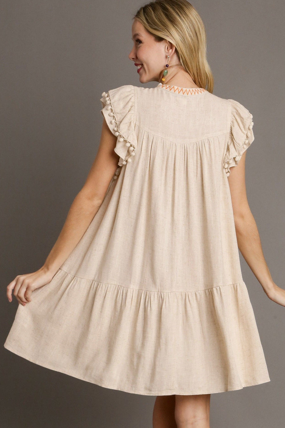 Shop Floral Embroidery Pom Pom Ruffle Sleeve Split Neck Mini Dress | S-XL at LivelyLooks