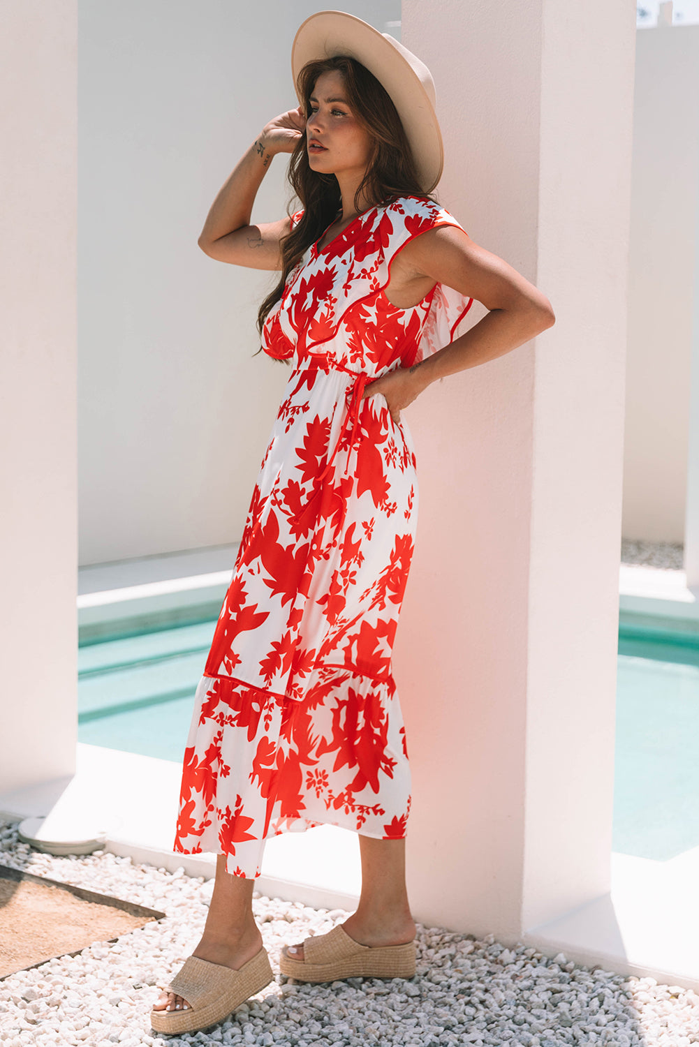 Red Floral Print Trimmed V Neck Ruffle Sleeve Long Dress S-XL