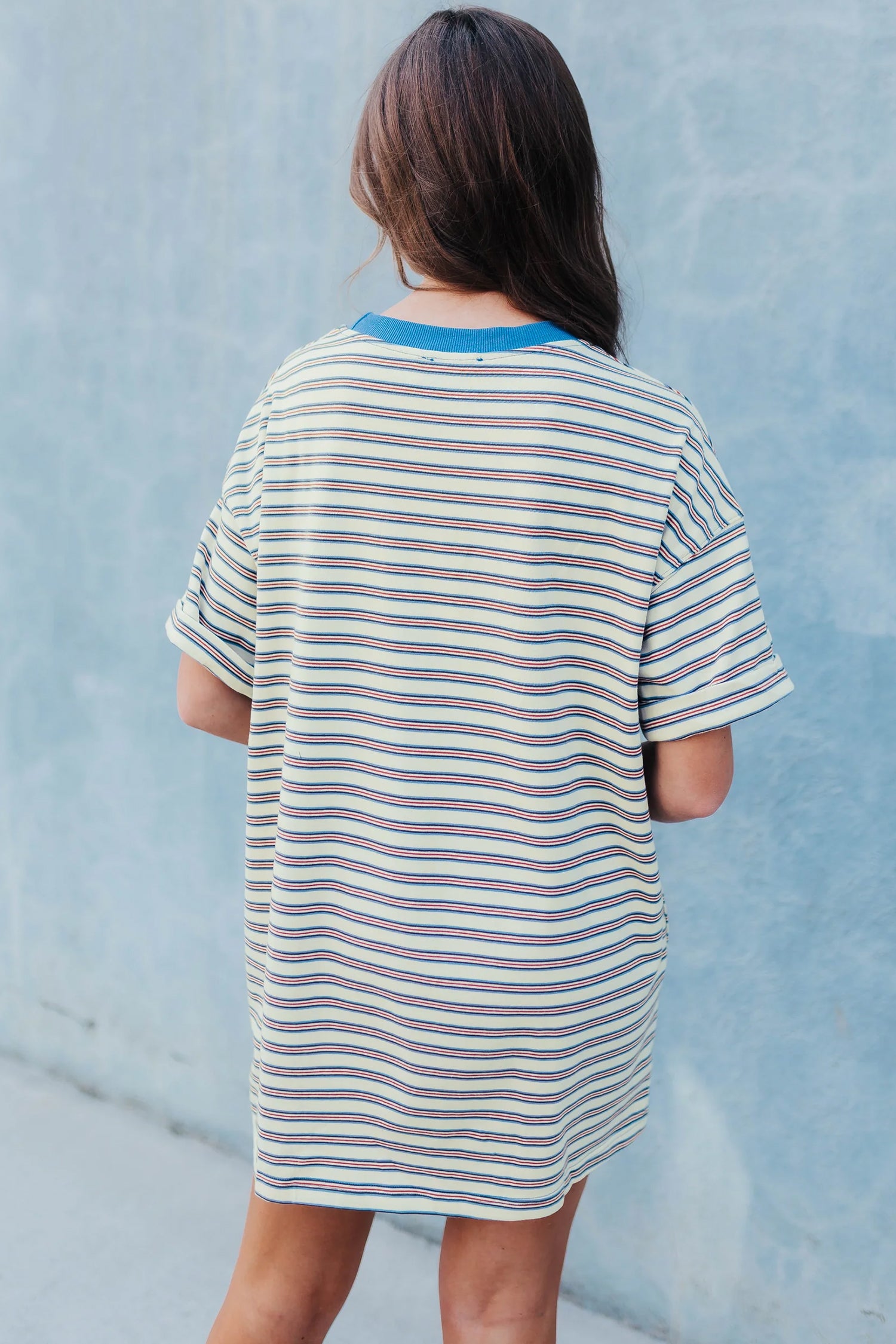 White Stripe Drop Shoulder Cuffed Sleeve Loose Tunic Mini Dress S-XL