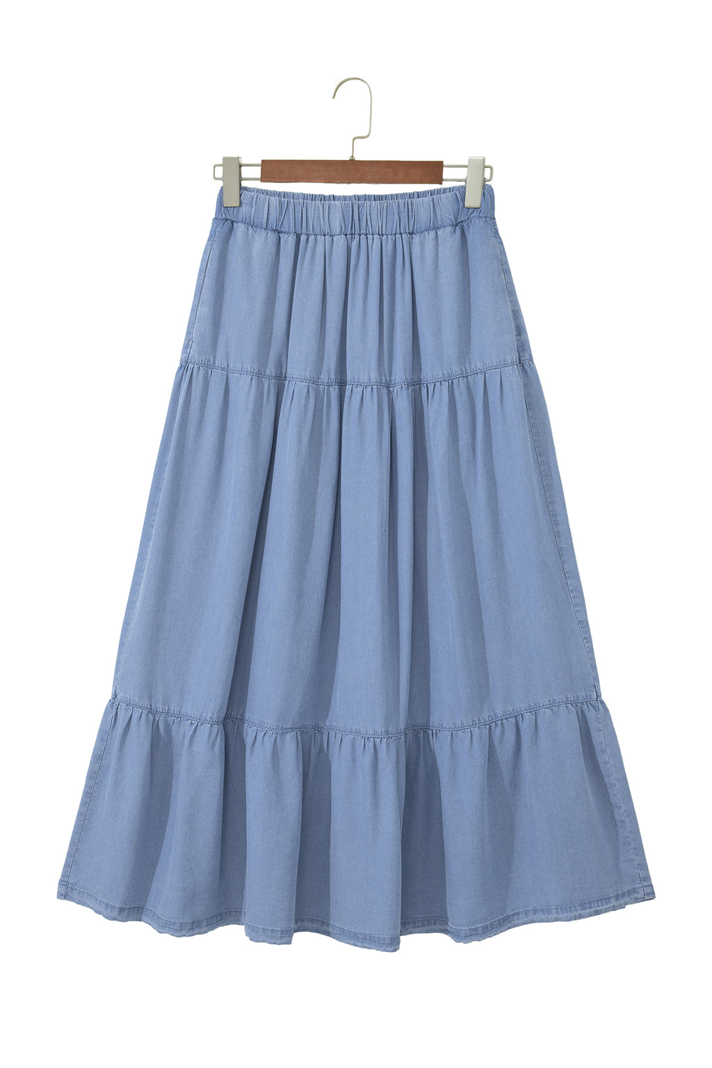 Women's Women's Flared Denim Maxi Skirt Tiered Ruffled Elastic Waist Blue S-XL at LivelyLooks