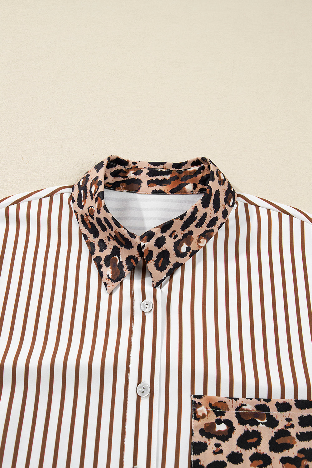 Women's Brown Stripe Contrast Leopard Patchwork Long Shirt Dress with Slits at LivelyLooks