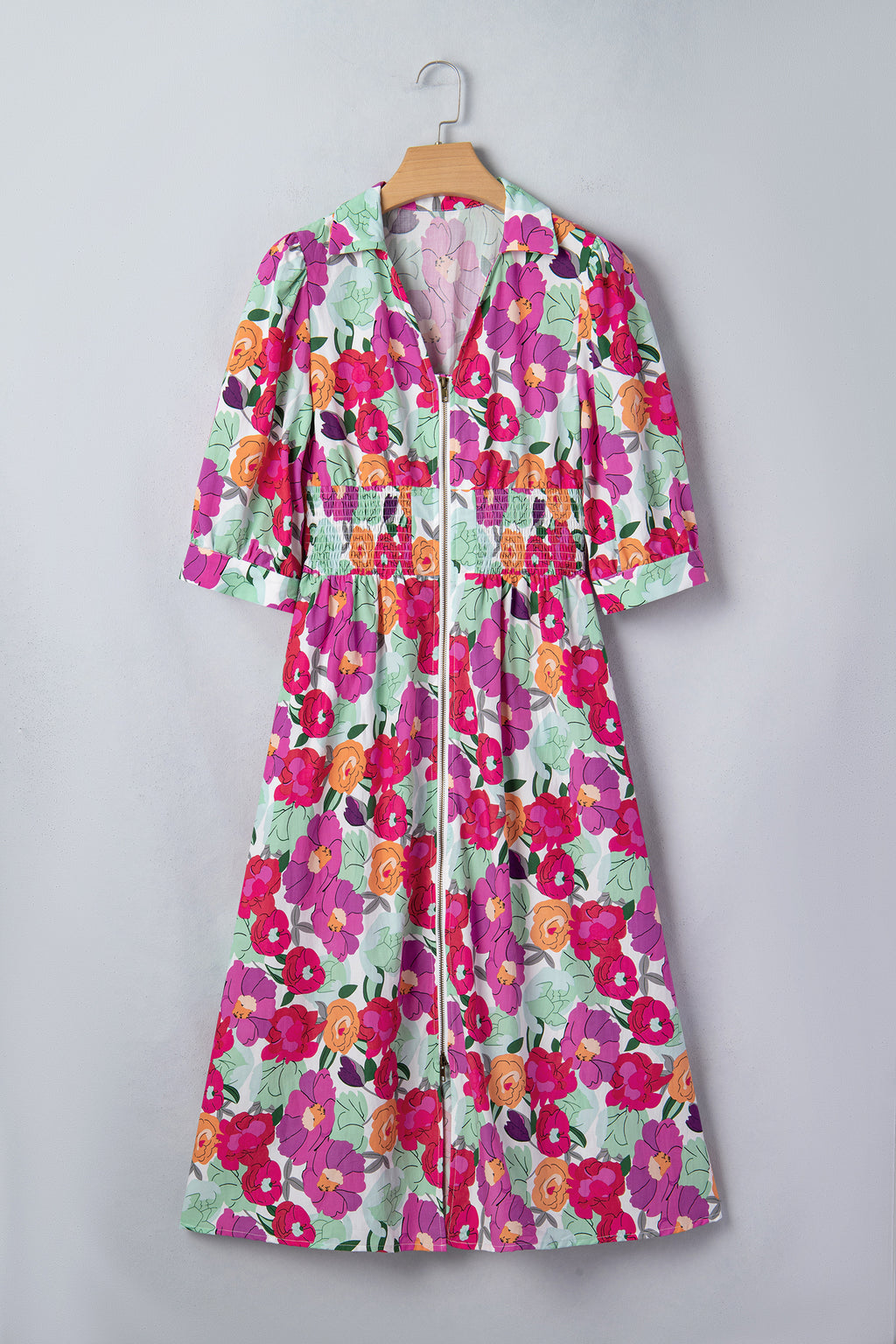 Rose Floral Print Zip Front Shirred Waist Flared Half Sleeve Midi Dress S-XL