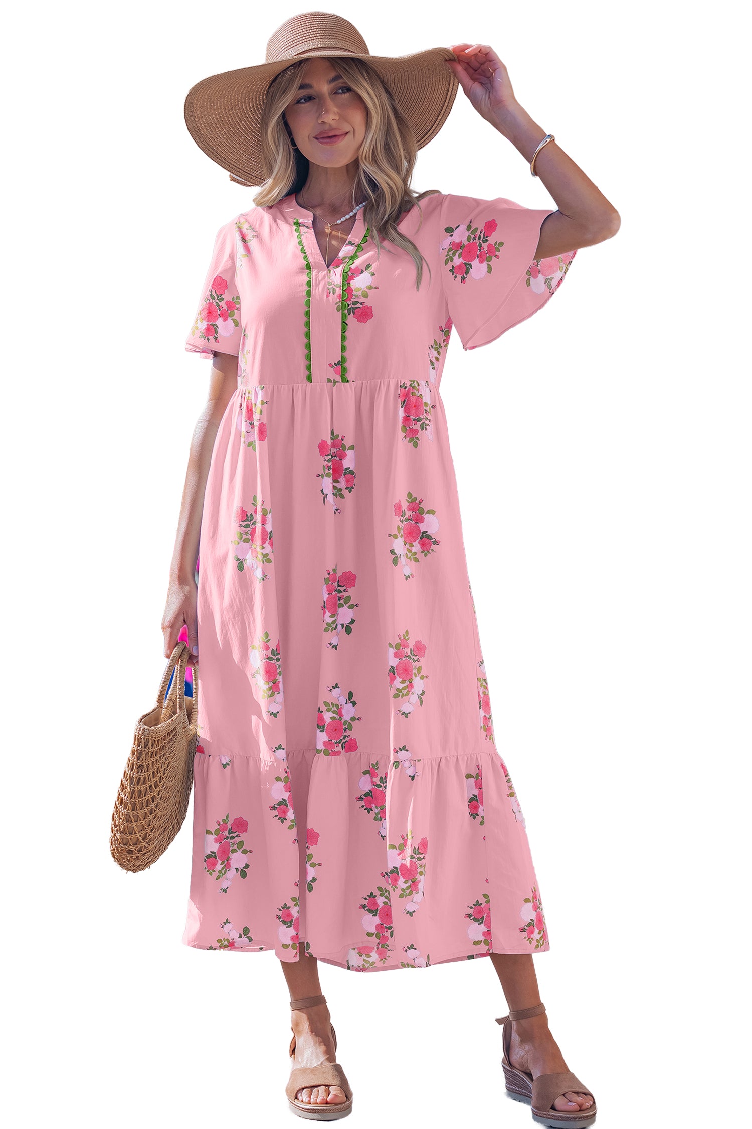 LivelyLooks Women's Floral Maxi Dress Flutter Sleeve Notched Neck Summer Holiday Pink Blue women's fashion