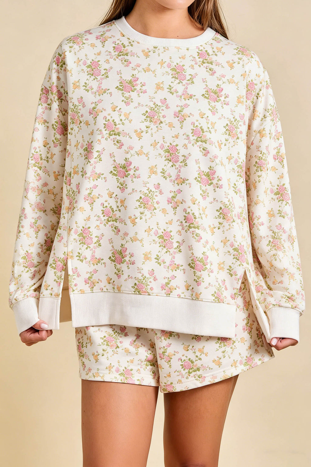 Beige Floral Print Long Sleeve Top & Pocketed Shorts Set | UK 8–22