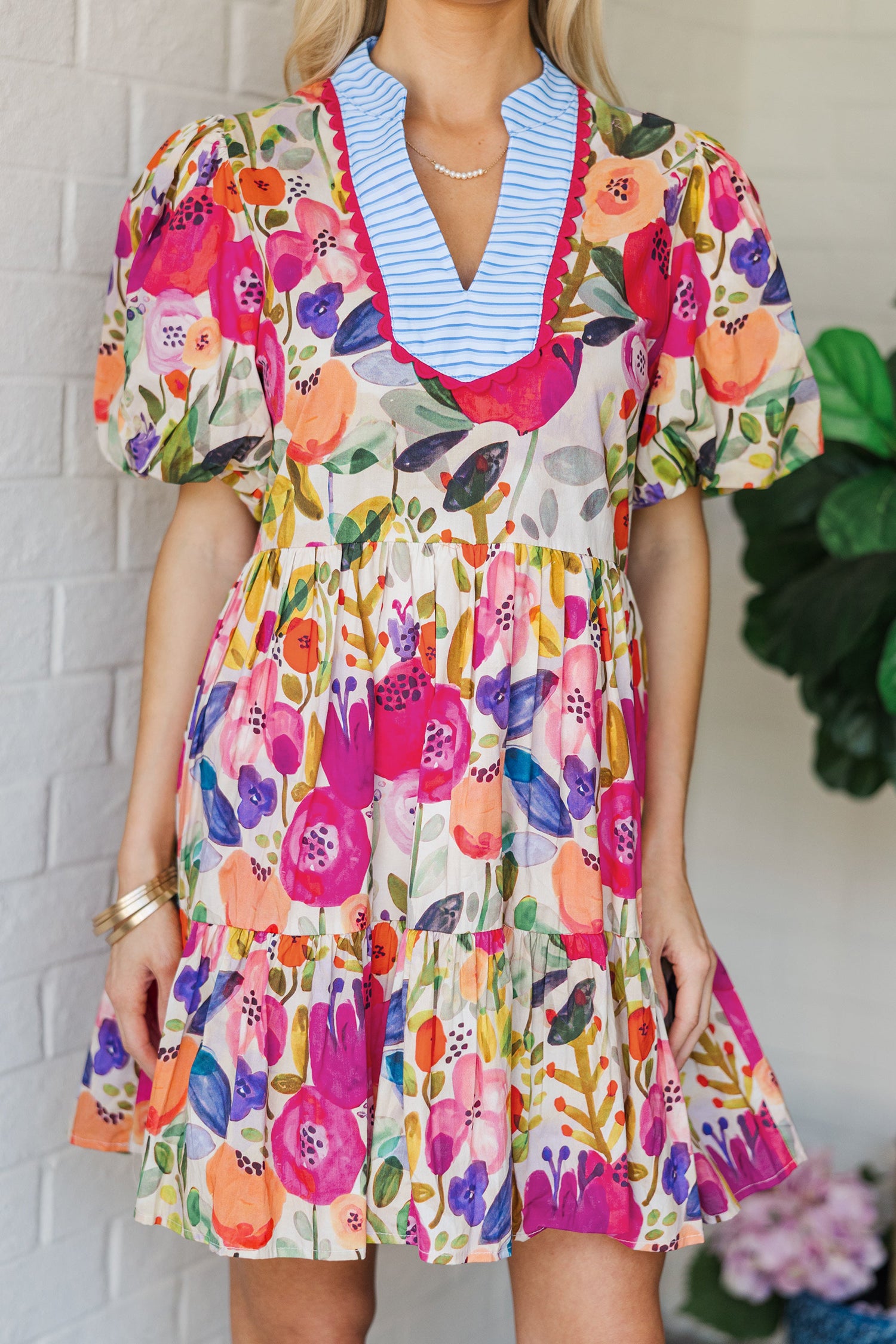 Rose Floral Ricrac Trim Striped Patchwork V Neck Mini Dress S-XL
