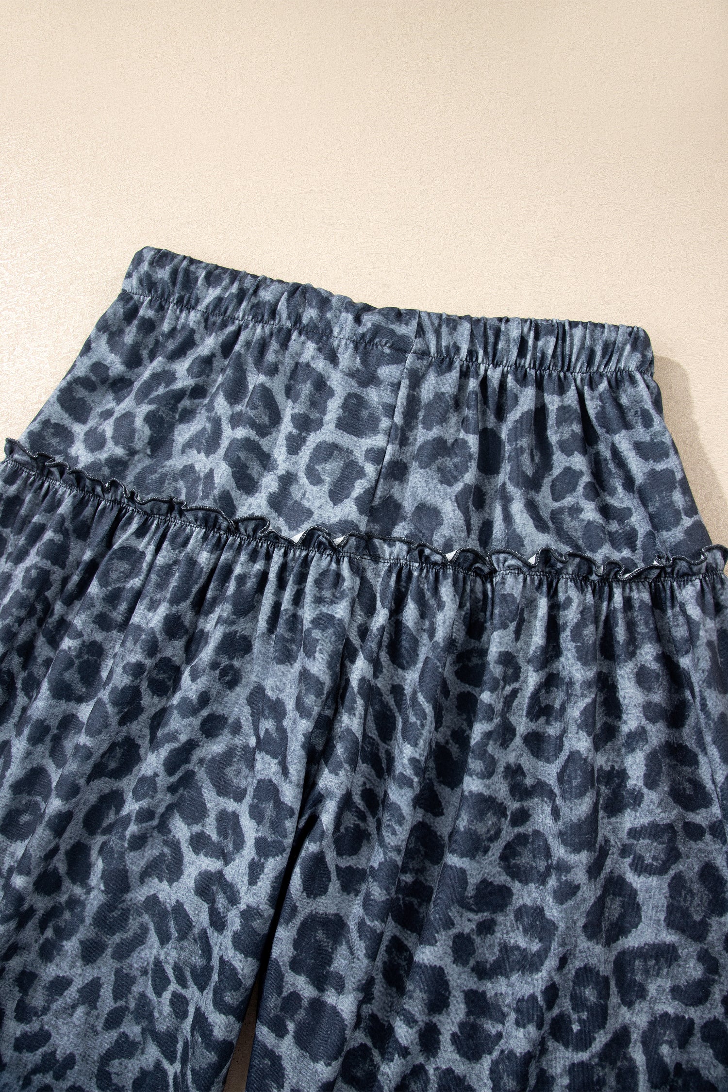 Grey Leopard Print Frilled Drawstring Wide Leg Trousers