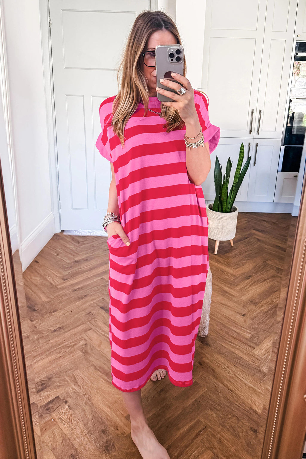 Rose & Orange Stripe Cuffed Short Sleeve Pocketed T-Shirt Maxi Dress | UK 8–22