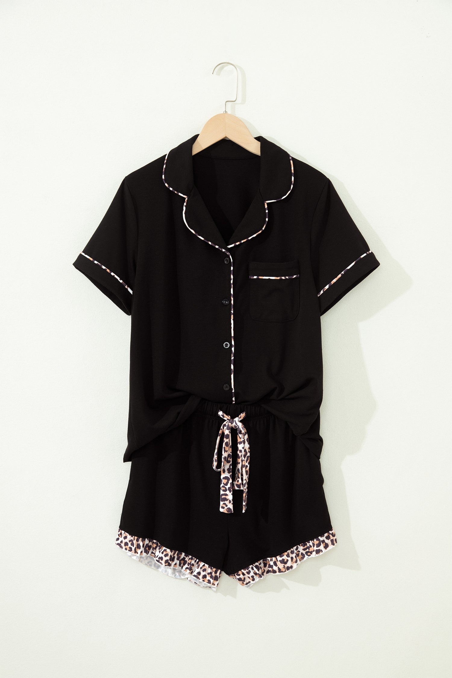 Women's Black Leopard Patchwork Trim Lapel Shirt Drawstring Shorts Pyjama Set Nightwear PJ at LivelyLooks